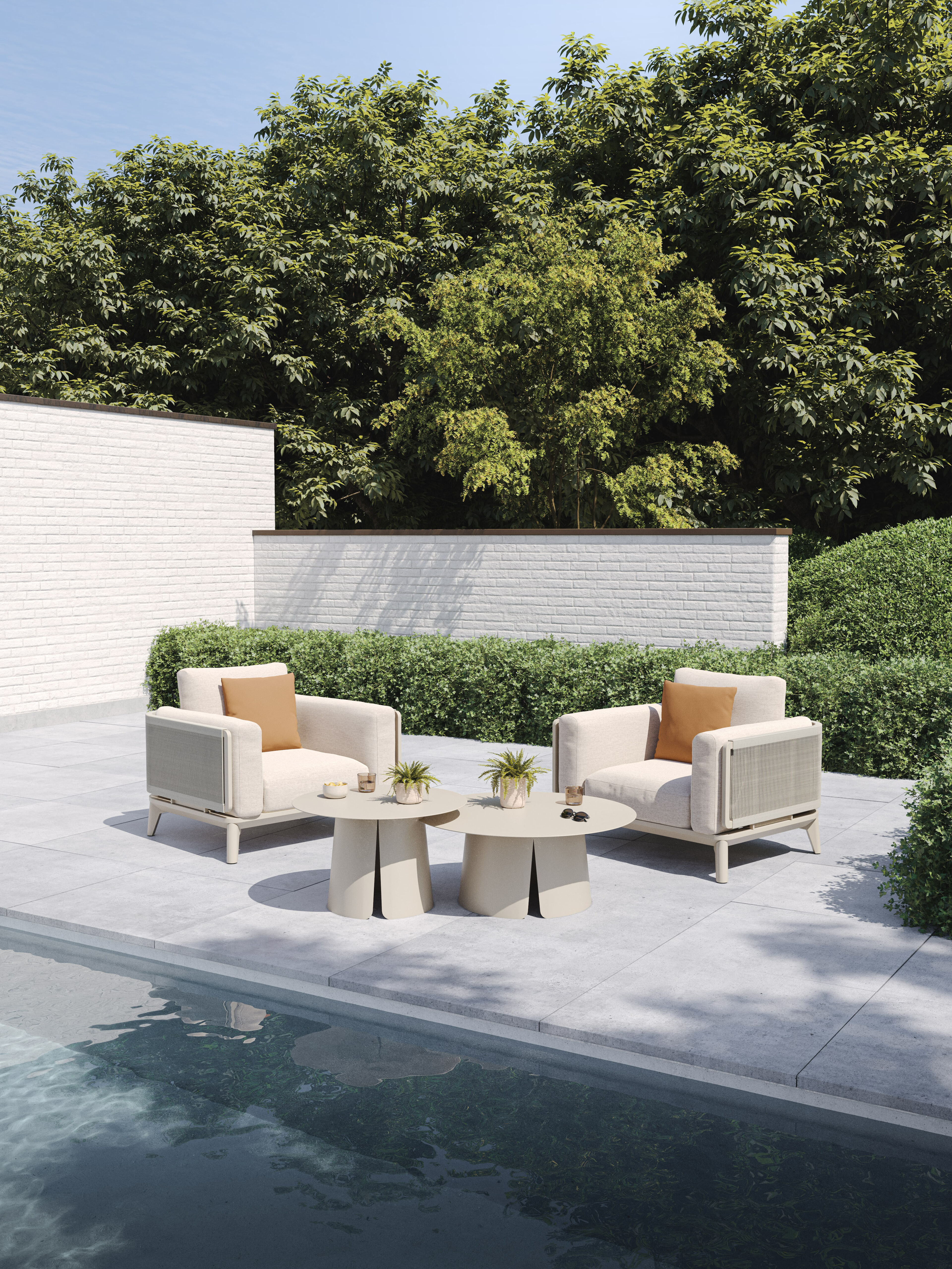 Fauteuil de jardin Mosa en aluminium beige et résine tressée torsadée beige et coussins en weather+ softtouch rustic