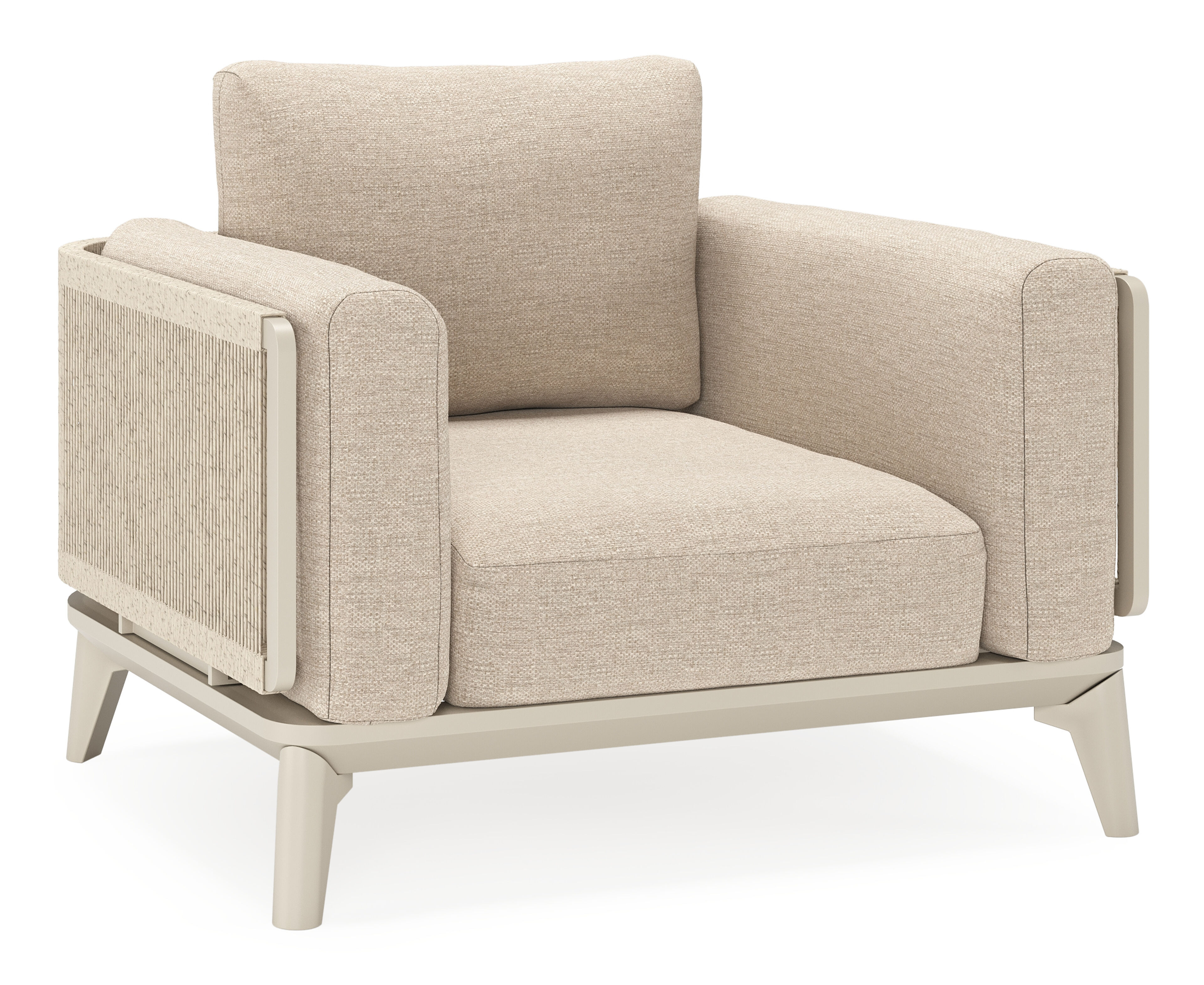 Fauteuil de jardin Mosa en aluminium beige et résine tressée torsadée beige et coussins en weather+ softtouch rustic