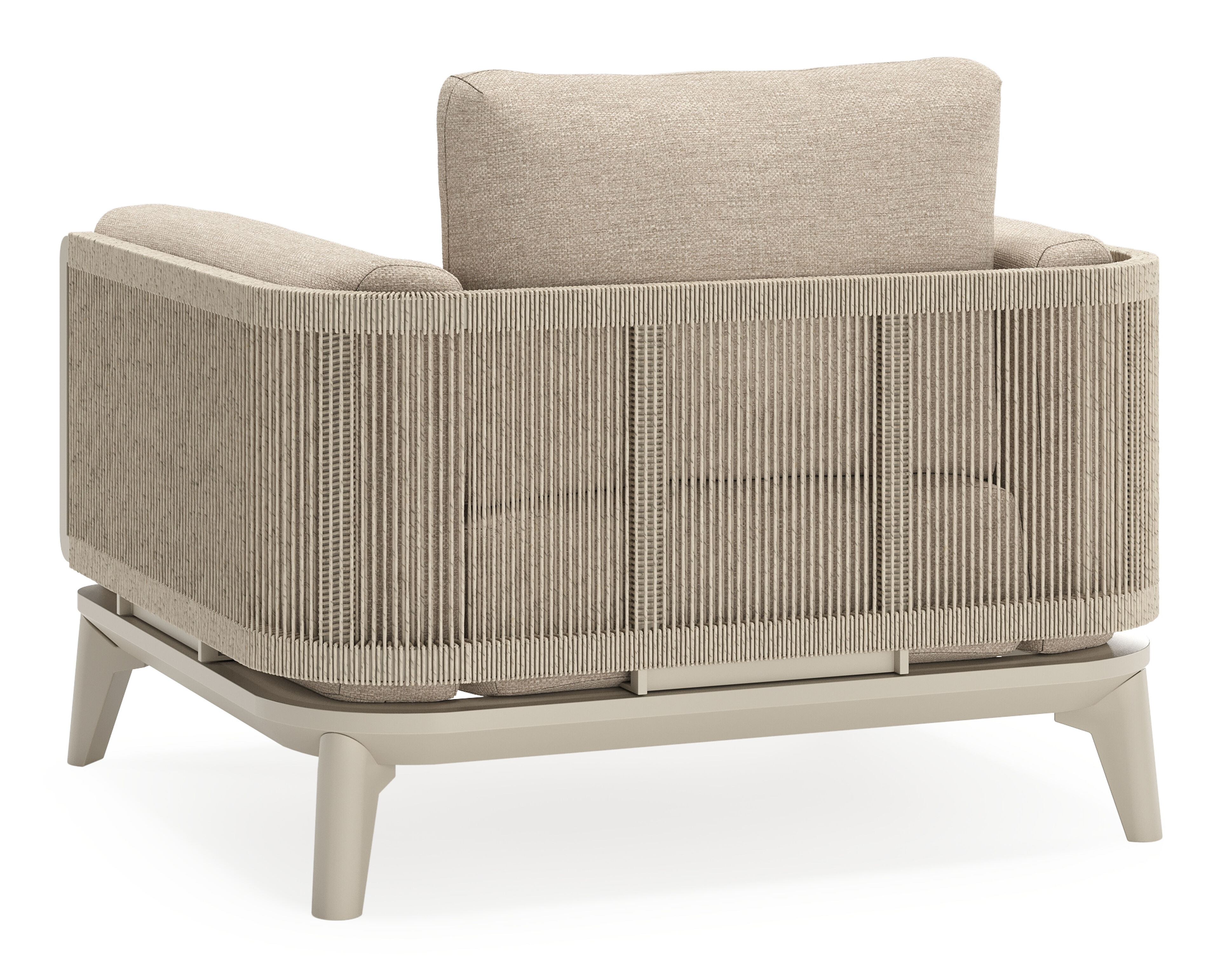 Fauteuil de jardin Mosa en aluminium beige et résine tressée torsadée beige et coussins en weather+ softtouch rustic