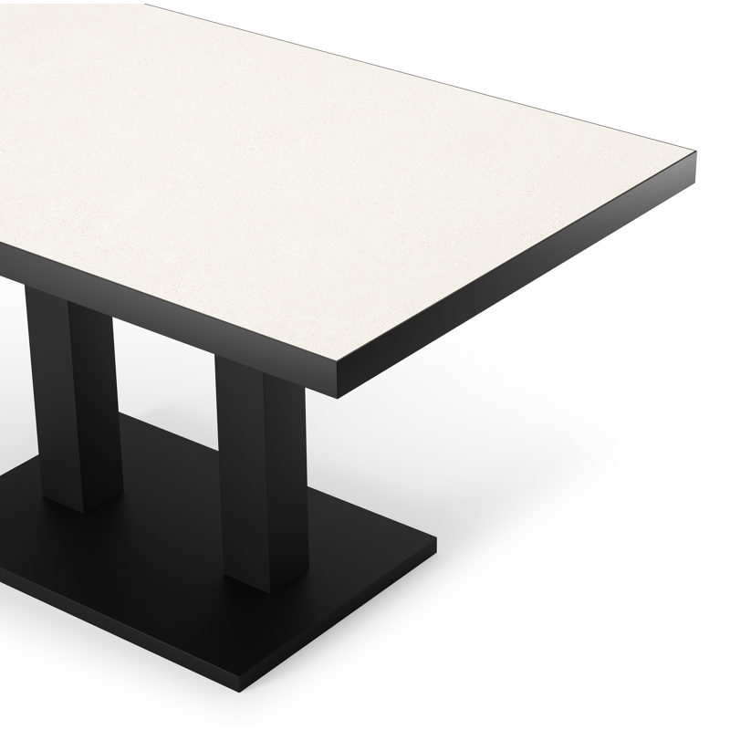Table de basse Veneto en noir aluminium et sintered stone crema minerale - Lg. 140 x Lrg. 85 x Haut. 49/72 cm
