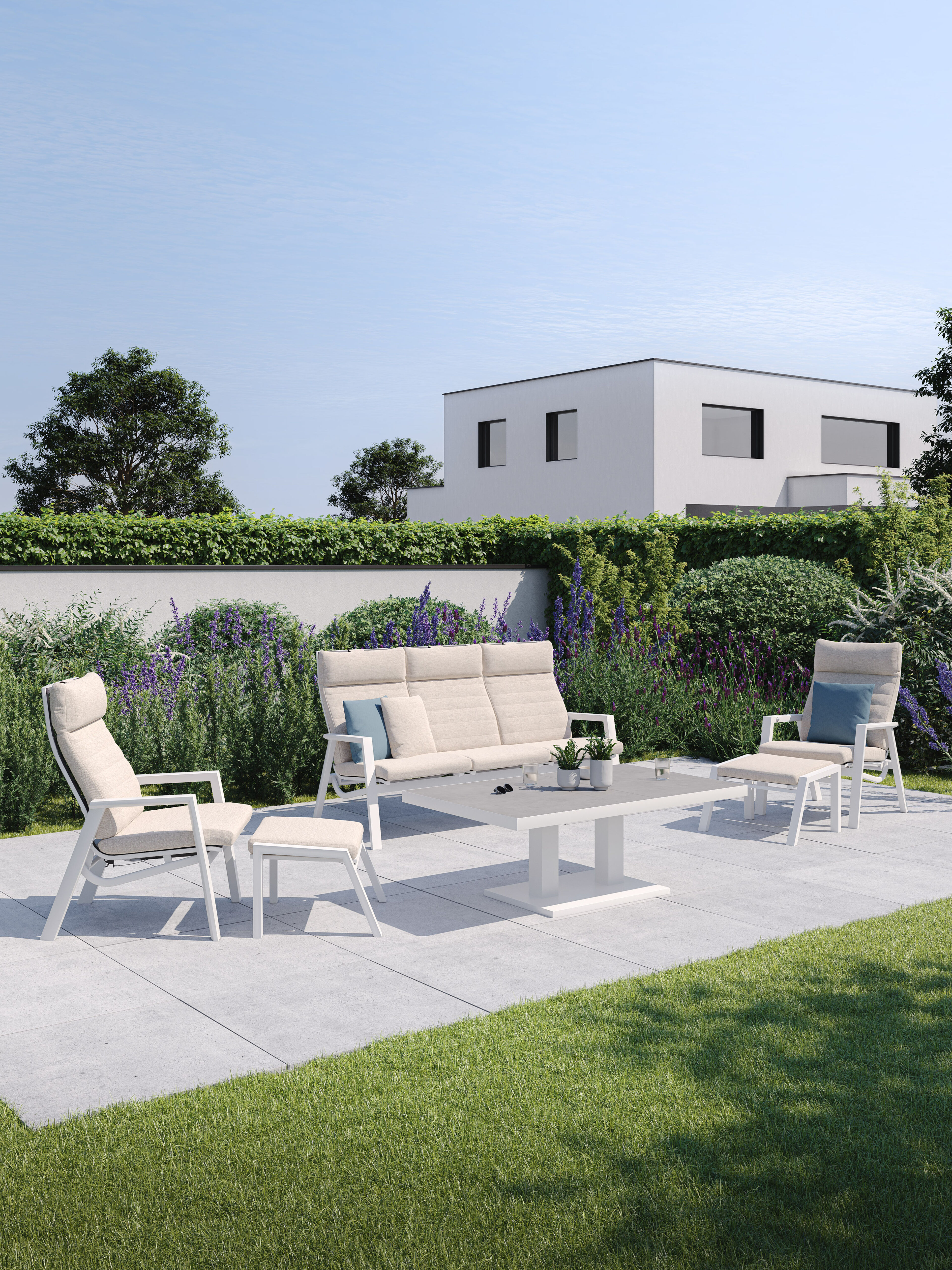 Prato poef in wit aluminium met rustic All Weather Olefin kussen