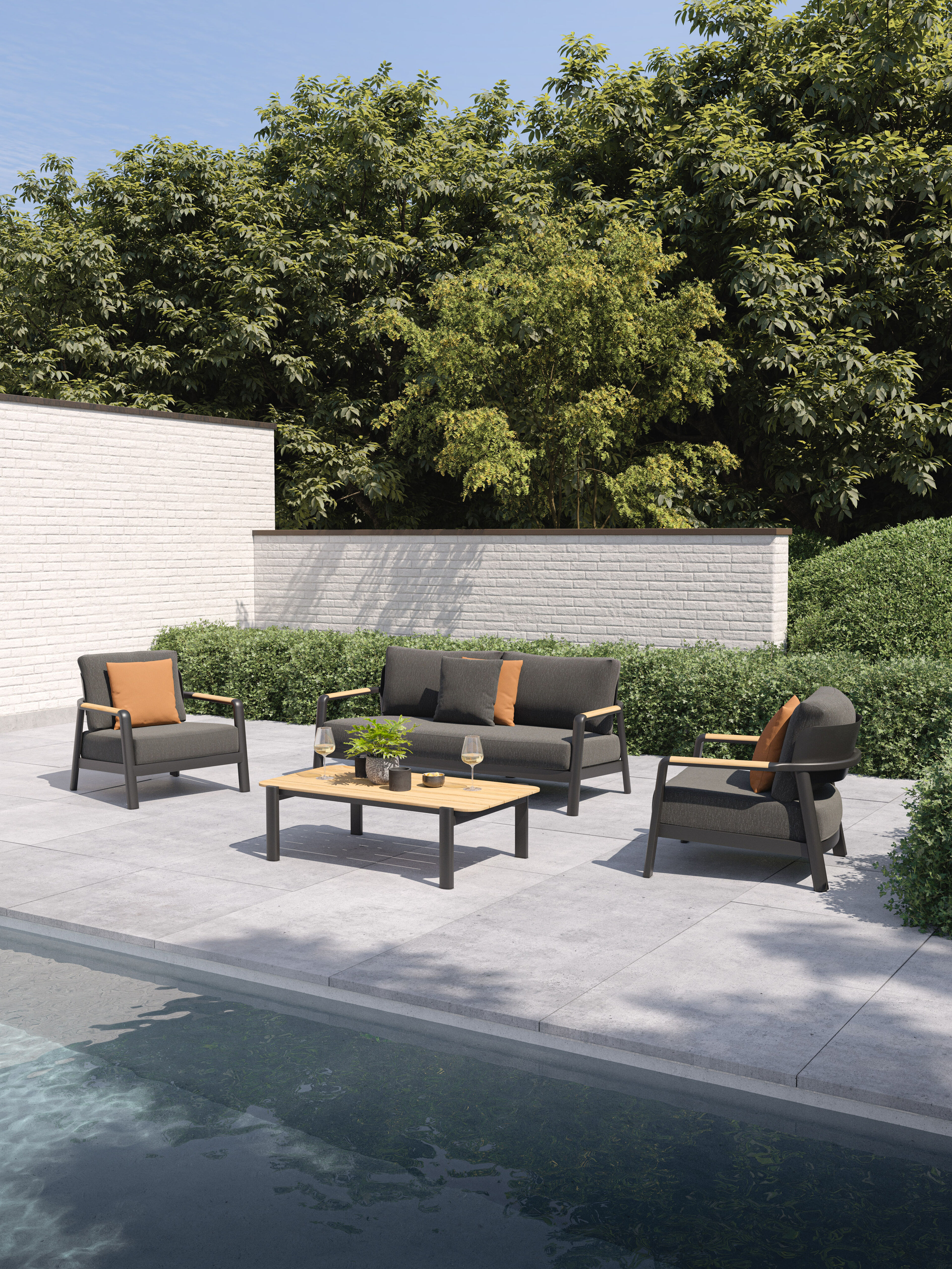 Salamanca loungebank in zwart aluminium en teak met sky black weather+ softtouch kussen