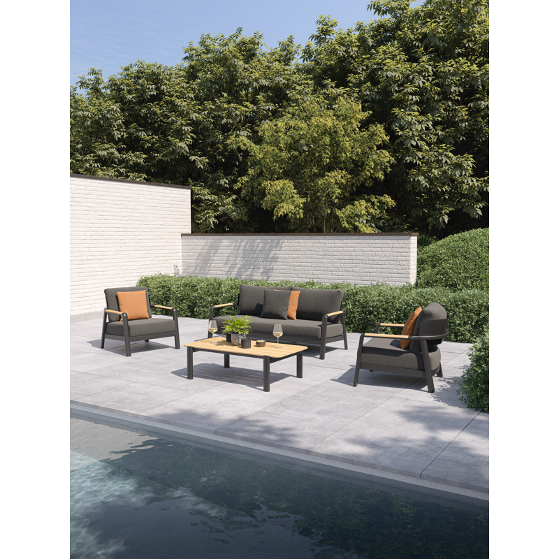Salamanca loungebank in zwart aluminium en teak met sky black All Weather Olefin kussen