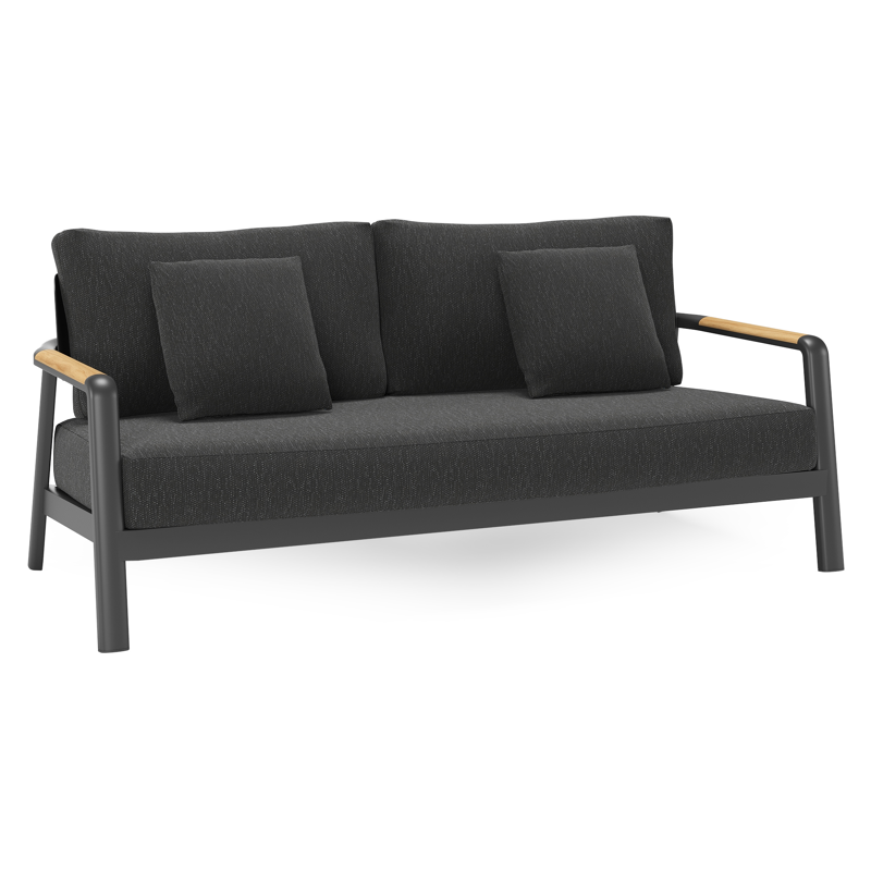Canapé de jardin Salamanca en aluminium noir et teck avec coussins en weather+ softtouch sky black