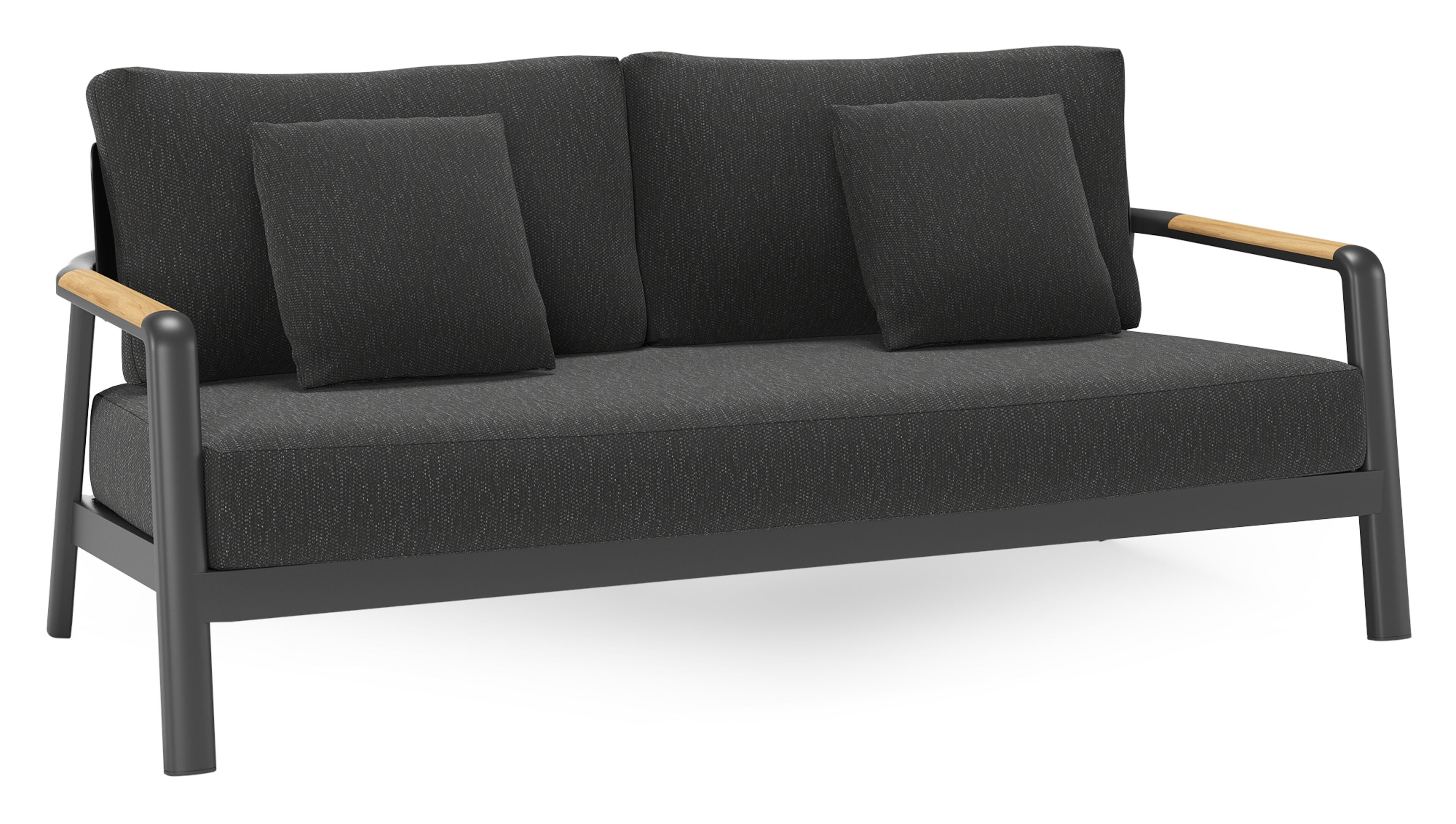 Canapé de jardin Salamanca en aluminium noir et teck avec coussins en weather+ softtouch sky black
