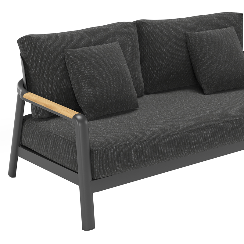 Canapé de jardin Salamanca en aluminium noir et teck avec coussins en weather+ softtouch sky black