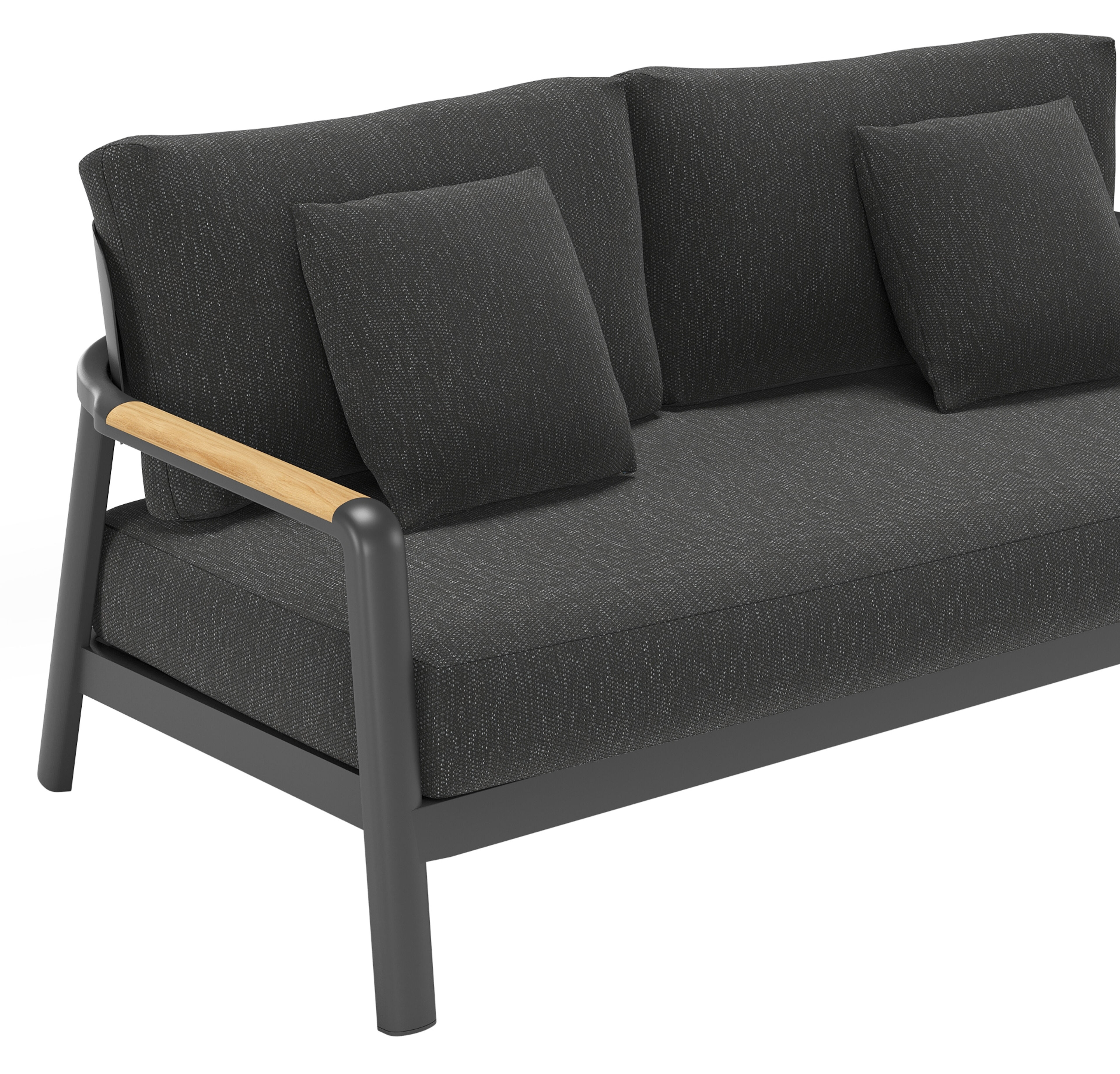Canapé de jardin Salamanca en aluminium noir et teck avec coussins en weather+ softtouch sky black