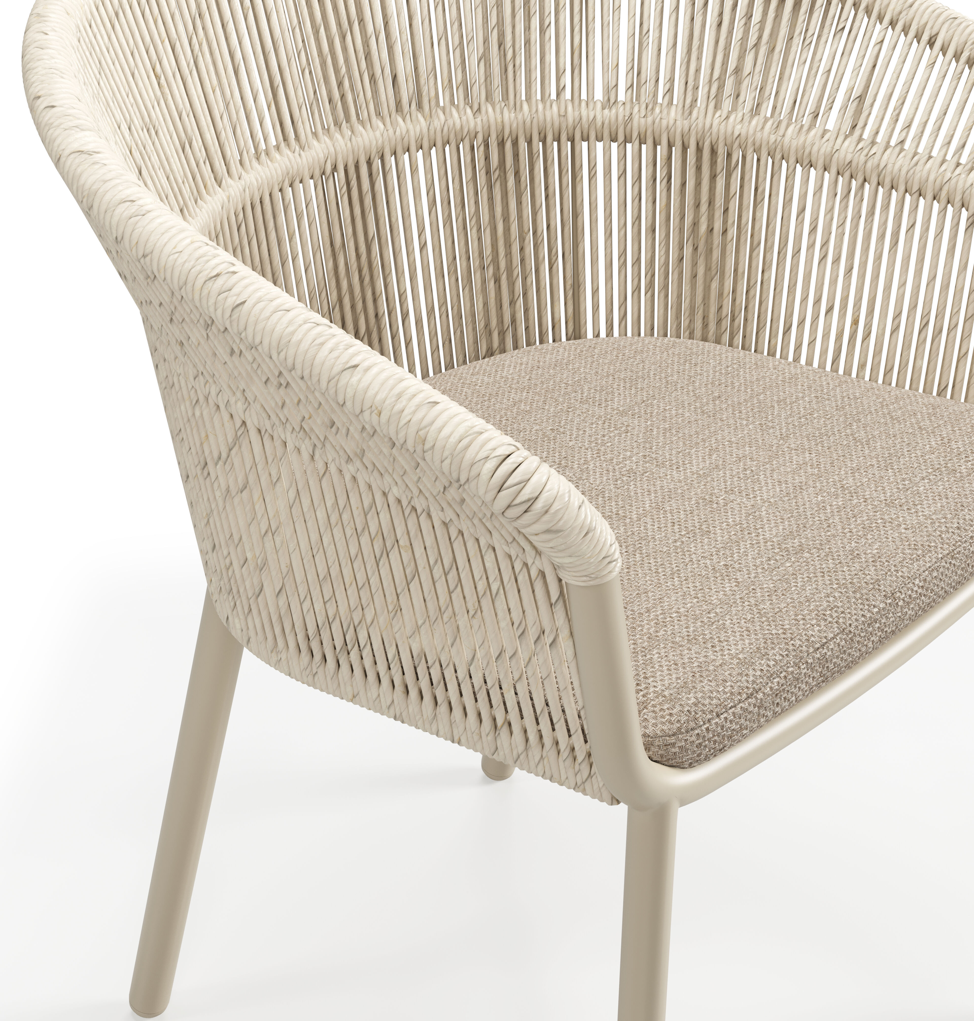 Matera tuinstoel in beige aluminium en beige gedraaide ronde wicker met kussen in rustic weather+ softtouch