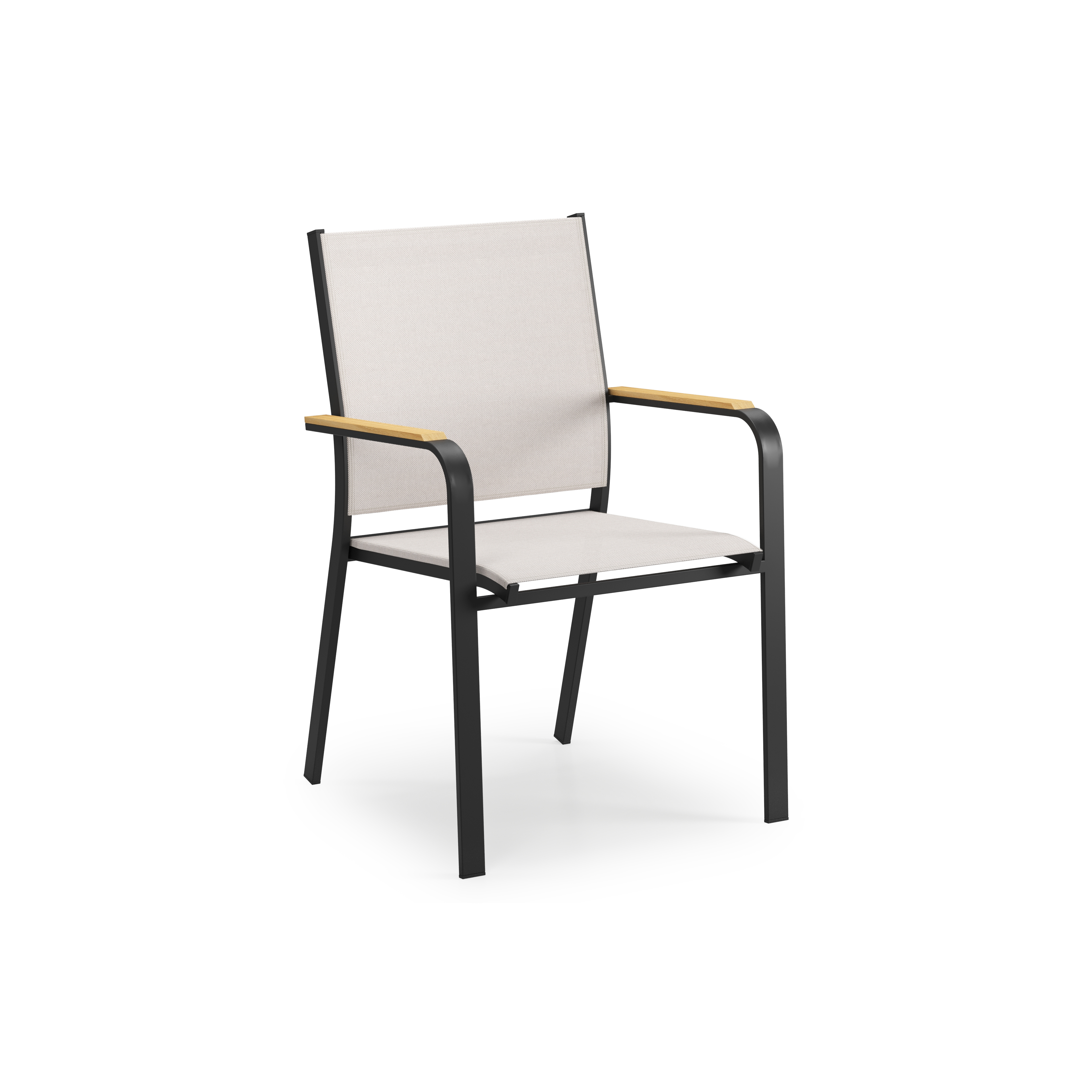 Chaise de jardin Amalfi en aluminium noir et textilène simple beige avec accoudoirs en teck