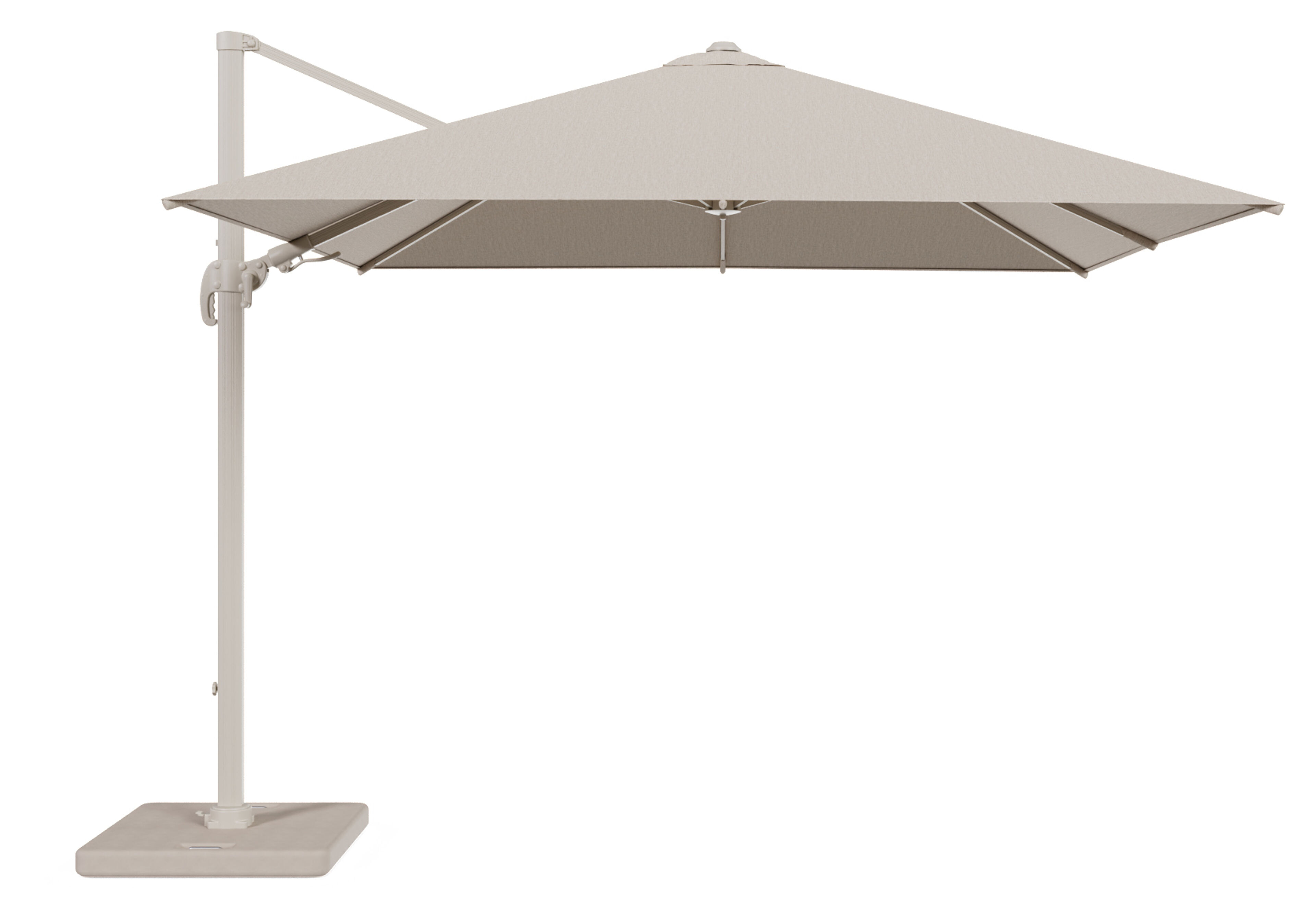 Avola zweefparasol met tiltfunctie in beige aluminium en rustic Weather+ Softtouch parasoldoek - L1 300 x L2 300 cm met parasolvoet Pedito 120 kg