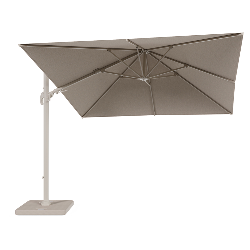 Avola zweefparasol met tiltfunctie in beige aluminium en rustic Weather+ Softtouch parasoldoek - L1 300 x L2 300 cm met parasolvoet Pedito 120 kg