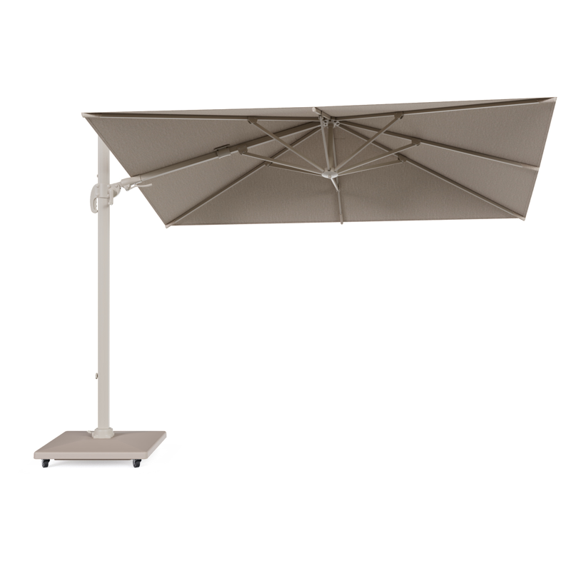 Avola zweefparasol met tiltfunctie in beige aluminium en rustic Weather+ Softtouch parasoldoek - L1 200 x L2 300 cm met parasolvoet Avola 90 kg