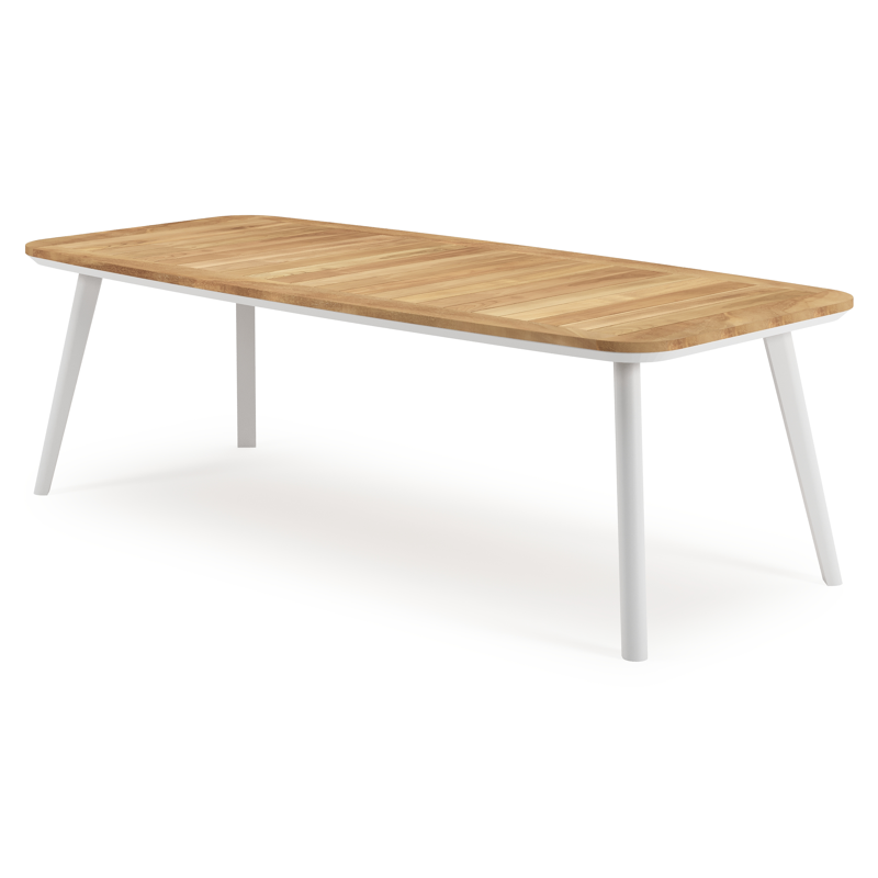 Mosa tuintafel bootvorm in wit aluminium en teak natural finish - L 240 x B 110 x H 74 cm