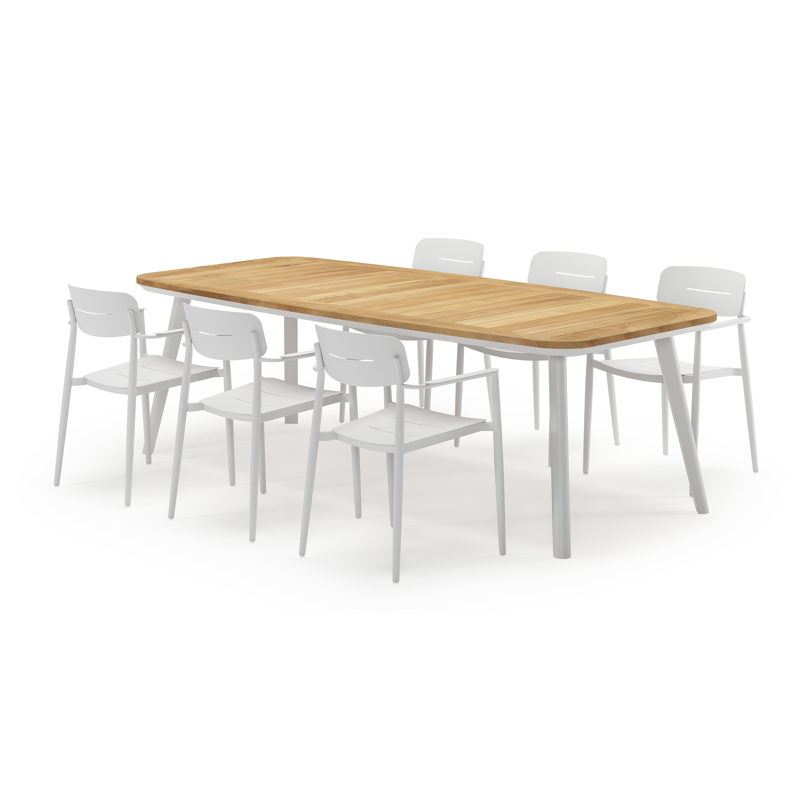 Mosa bootvormige tuinset in wit aluminium en teak natural finish met 6 Cosa tuinstoelen