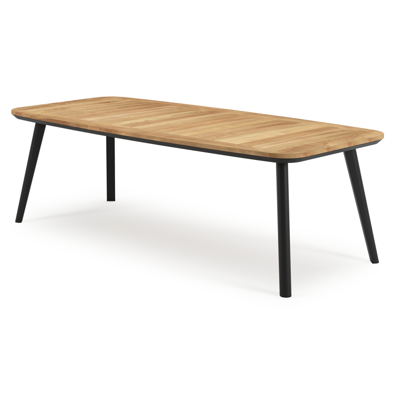 Mosa tuintafel bootvorm in zwart aluminium en teak natural finish - L 240 x B 110 x H 74 cm