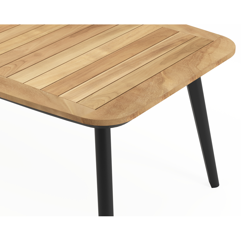 Mosa tuintafel bootvorm in zwart aluminium en teak natural finish - L 240 x B 110 x H 74 cm