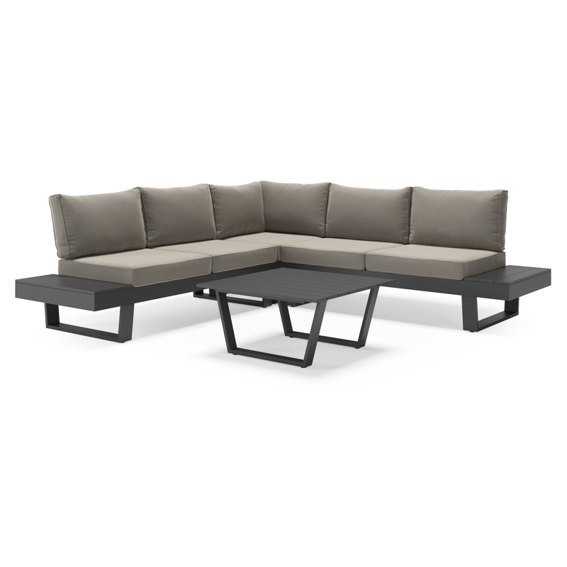 Alora loungehoek in zwart aluminium met grijs Weather+ Olefin kussen en loungetafel