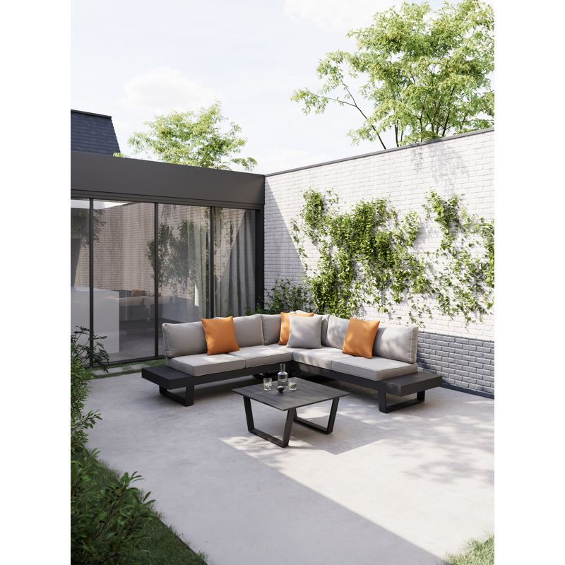 Salon de jardin d'angle Alora en aluminium noir avec coussins en weather+ softtouch gris