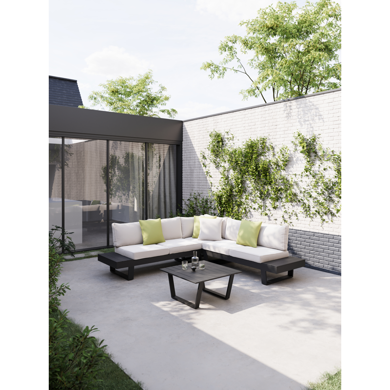 Alora loungehoek in zwart aluminium met beige weather+ softtouch kussens