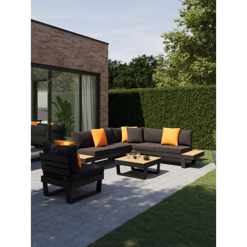 Alora loungehoek in zwart aluminium en polywood met zwart weather+ softtouch kussens