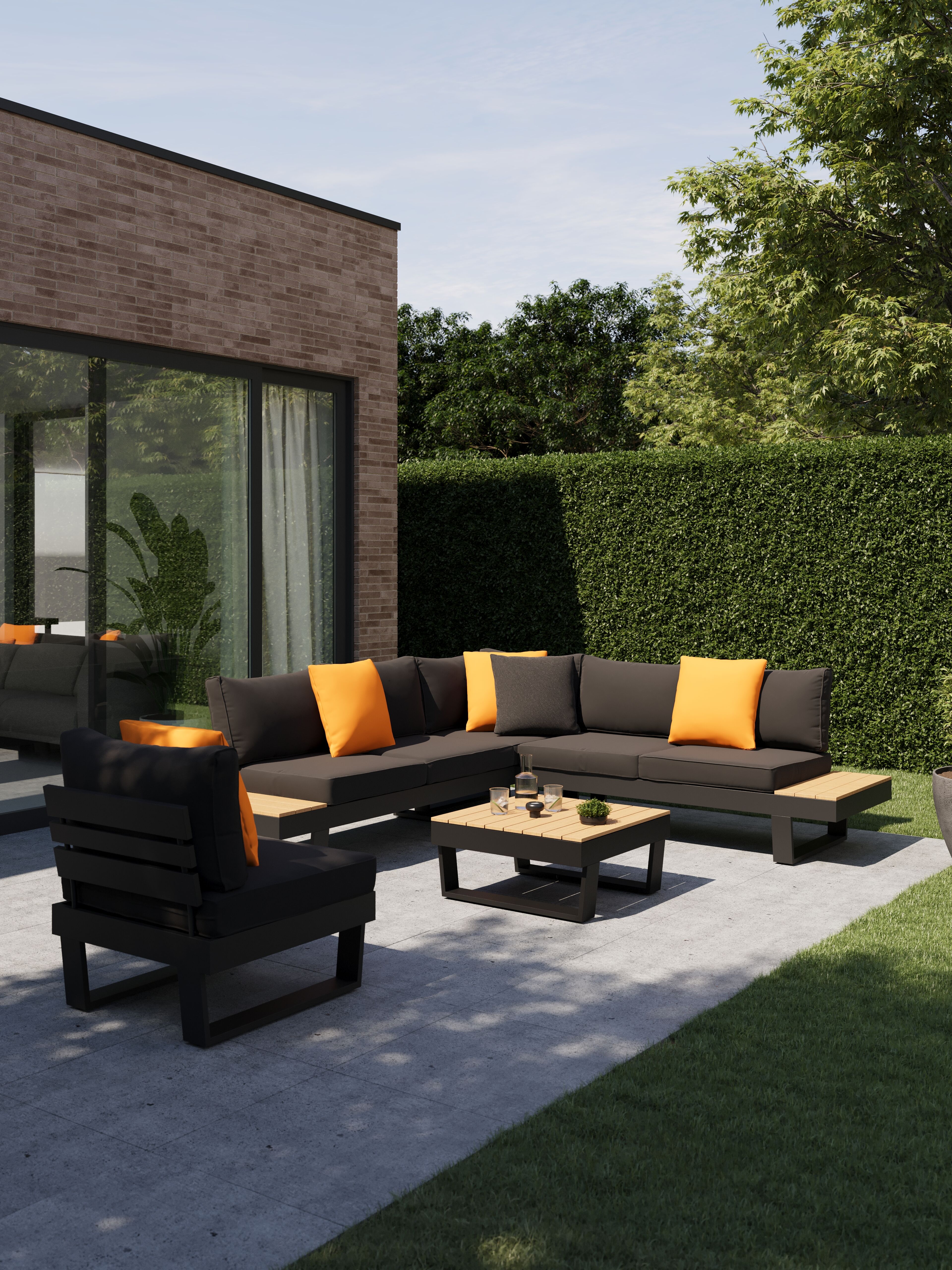 Alora loungehoek in zwart aluminium en polywood met zwart weather+ softtouch kussens