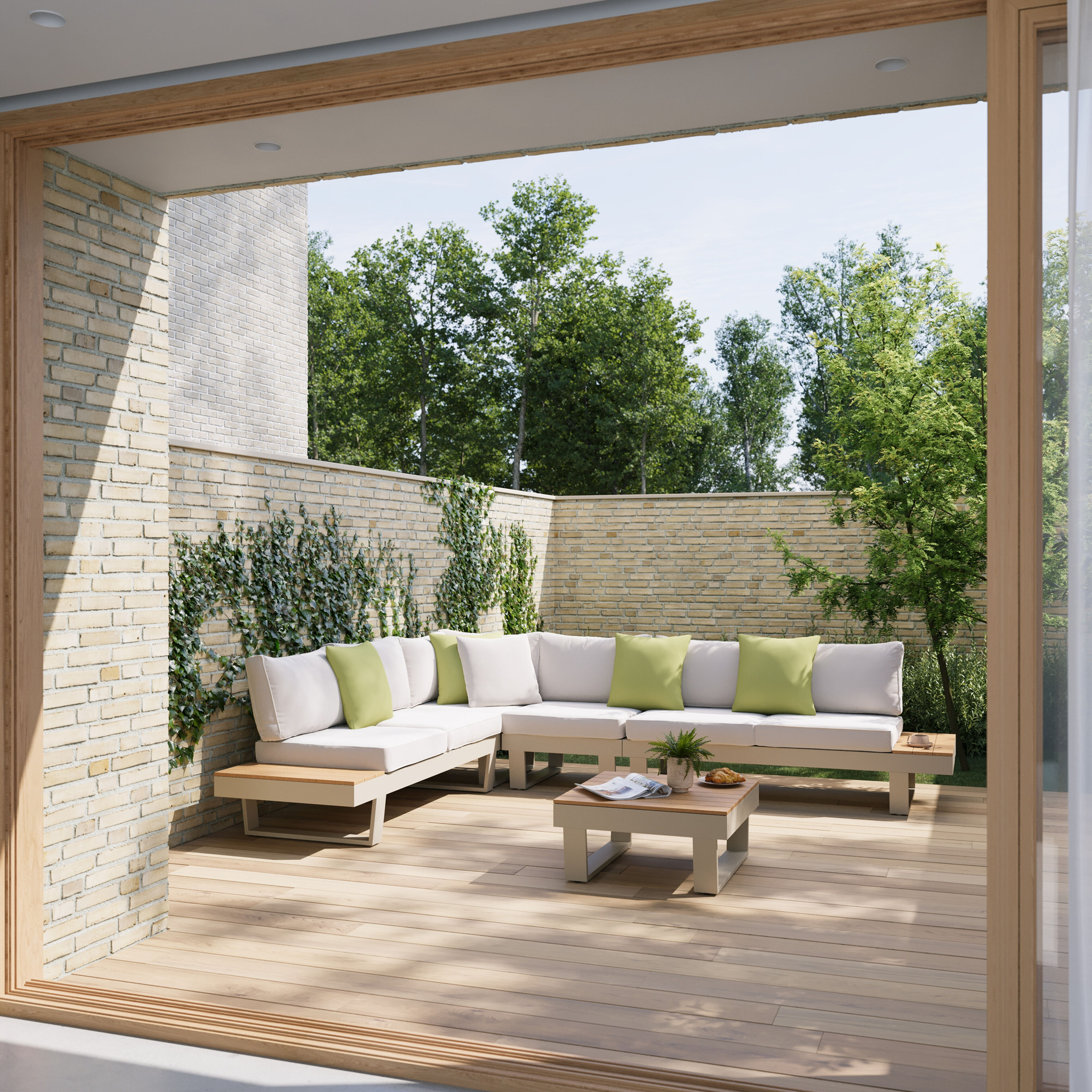 Alora loungehoek in beige aluminium en polywood met beige weather+ softtouch kussens