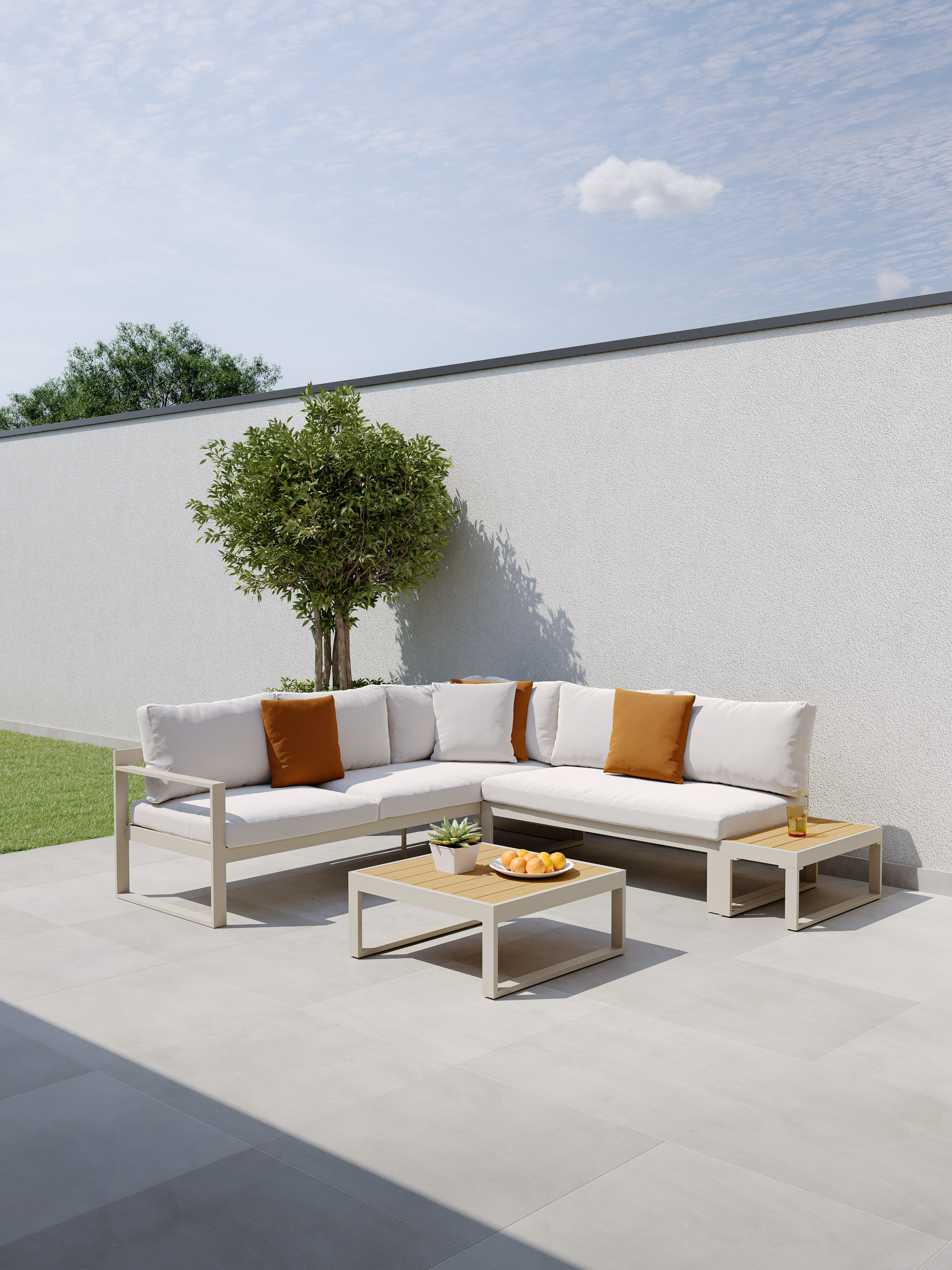 Caldela loungehoek in beige aluminium en polywood met beige Weather+ Olefin kussens