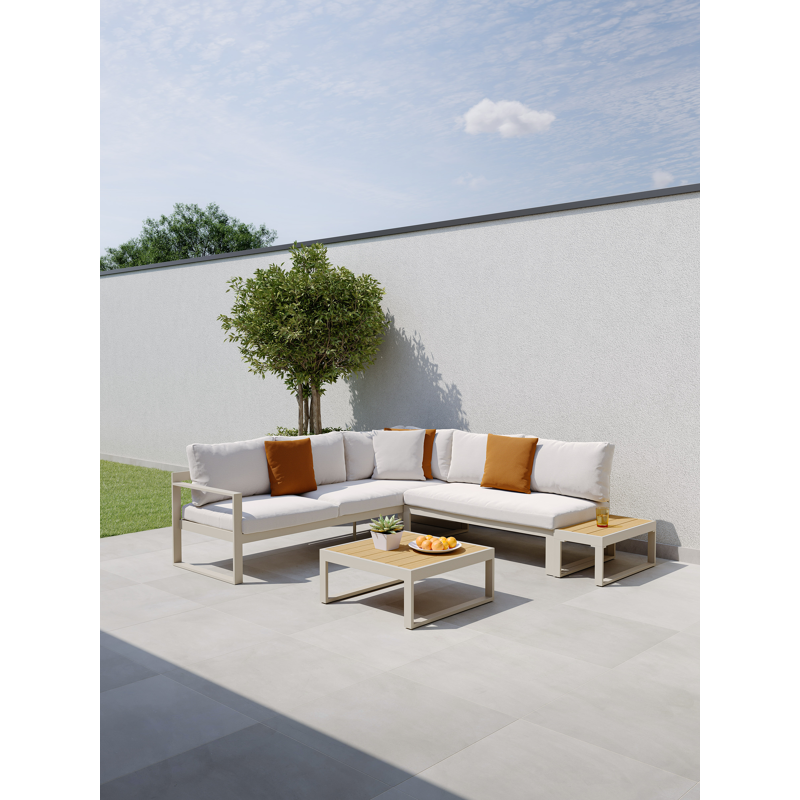 Caldela loungehoek in beige aluminium en polywood met beige Weather+ Olefin kussens