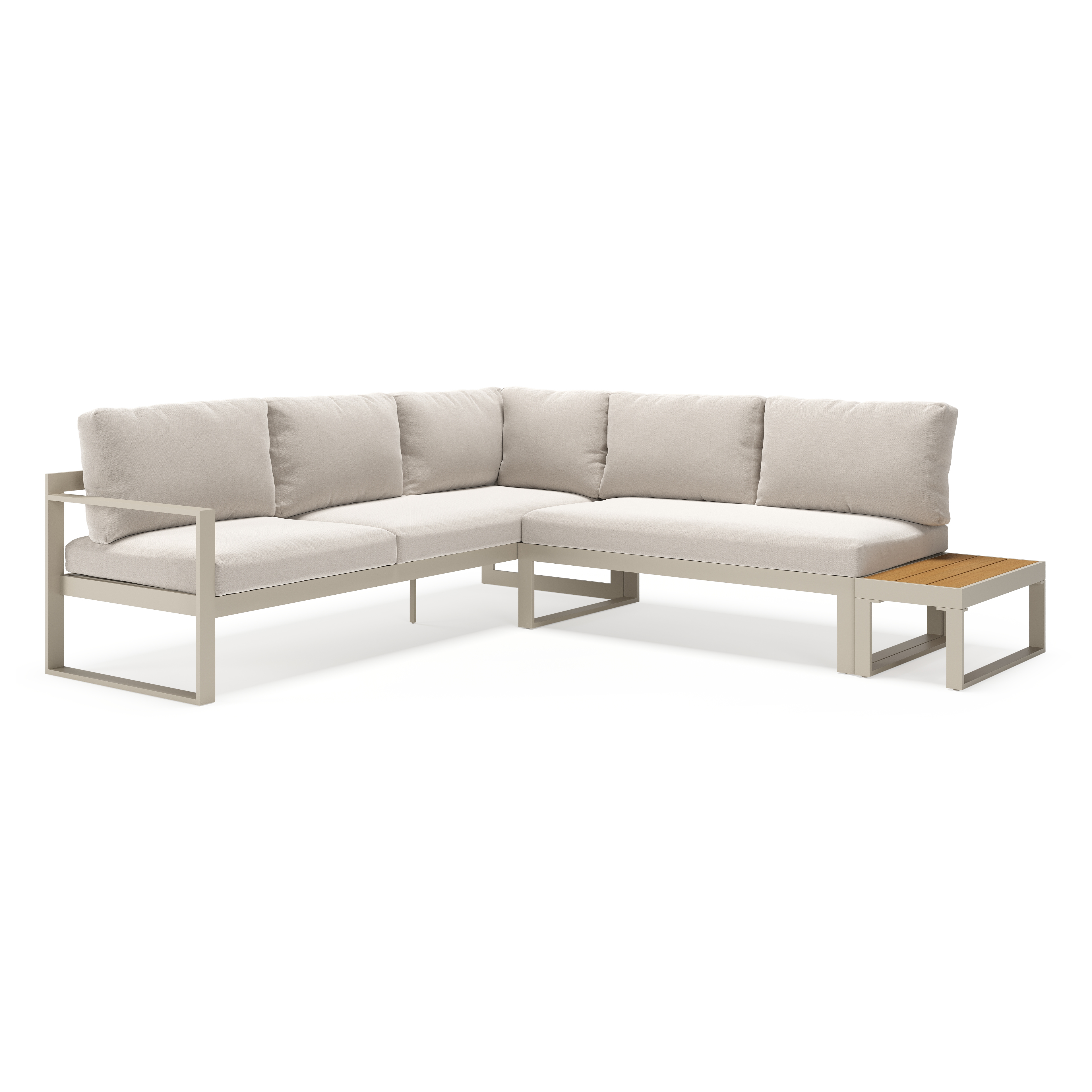 Caldela loungehoek in beige aluminium en polywood met beige Weather+ Olefin kussens