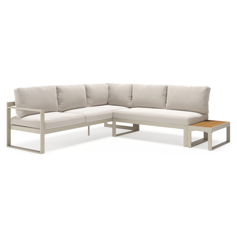 Caldela loungehoek in beige aluminium en polywood met beige Weather+ Olefin kussens