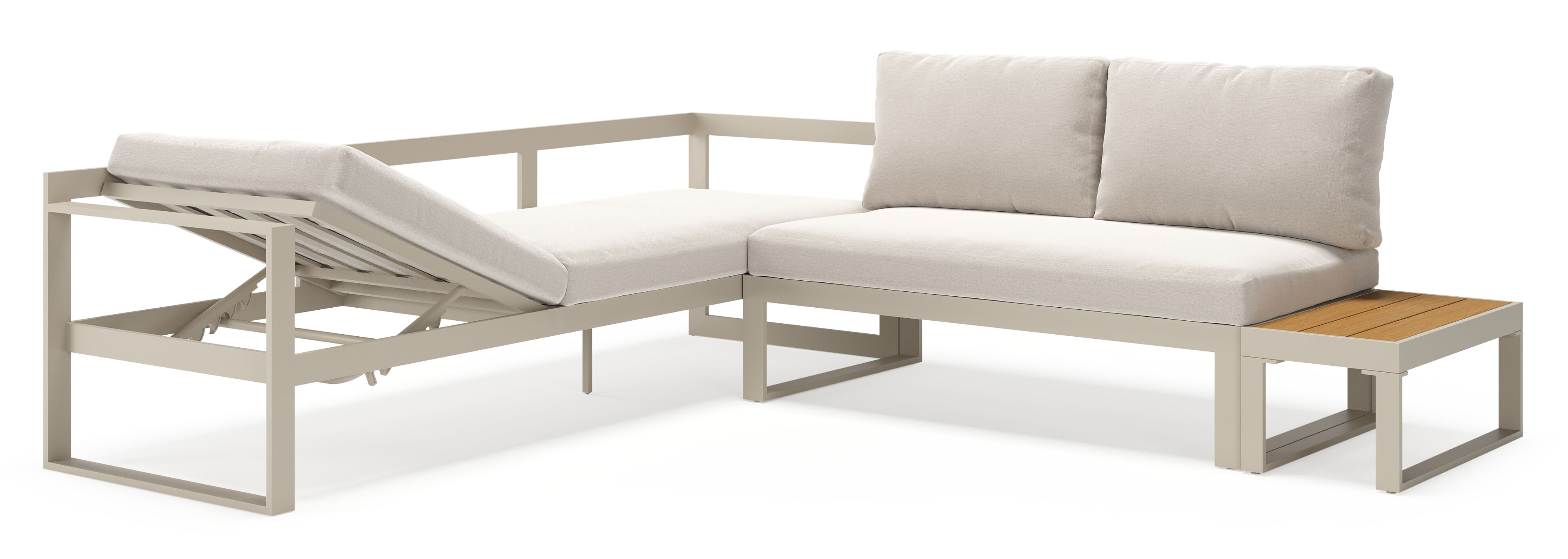 Caldela loungehoek in beige aluminium en polywood met beige Weather+ Olefin kussens