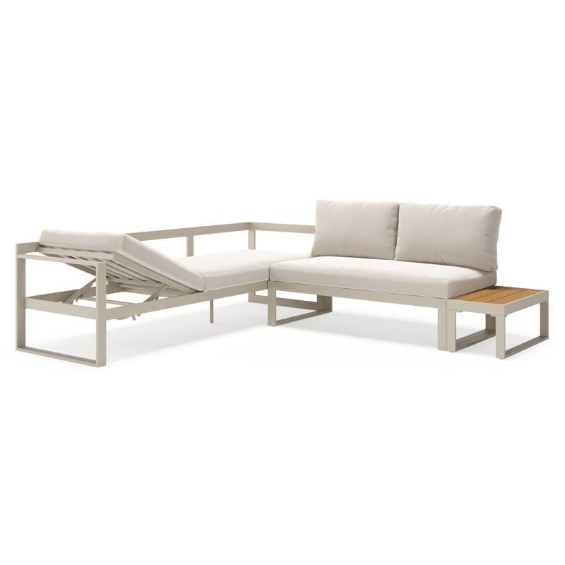 Caldela loungehoek in beige aluminium en polywood met beige Weather+ Olefin kussens