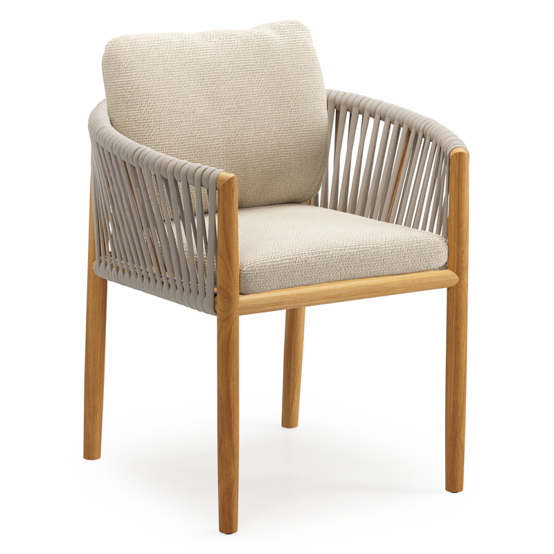 Chaise de jardin Organo en teck beige et corde luxe plate beige tissée verticalement avec coussin en All Weather Cosytica Althea Chalk