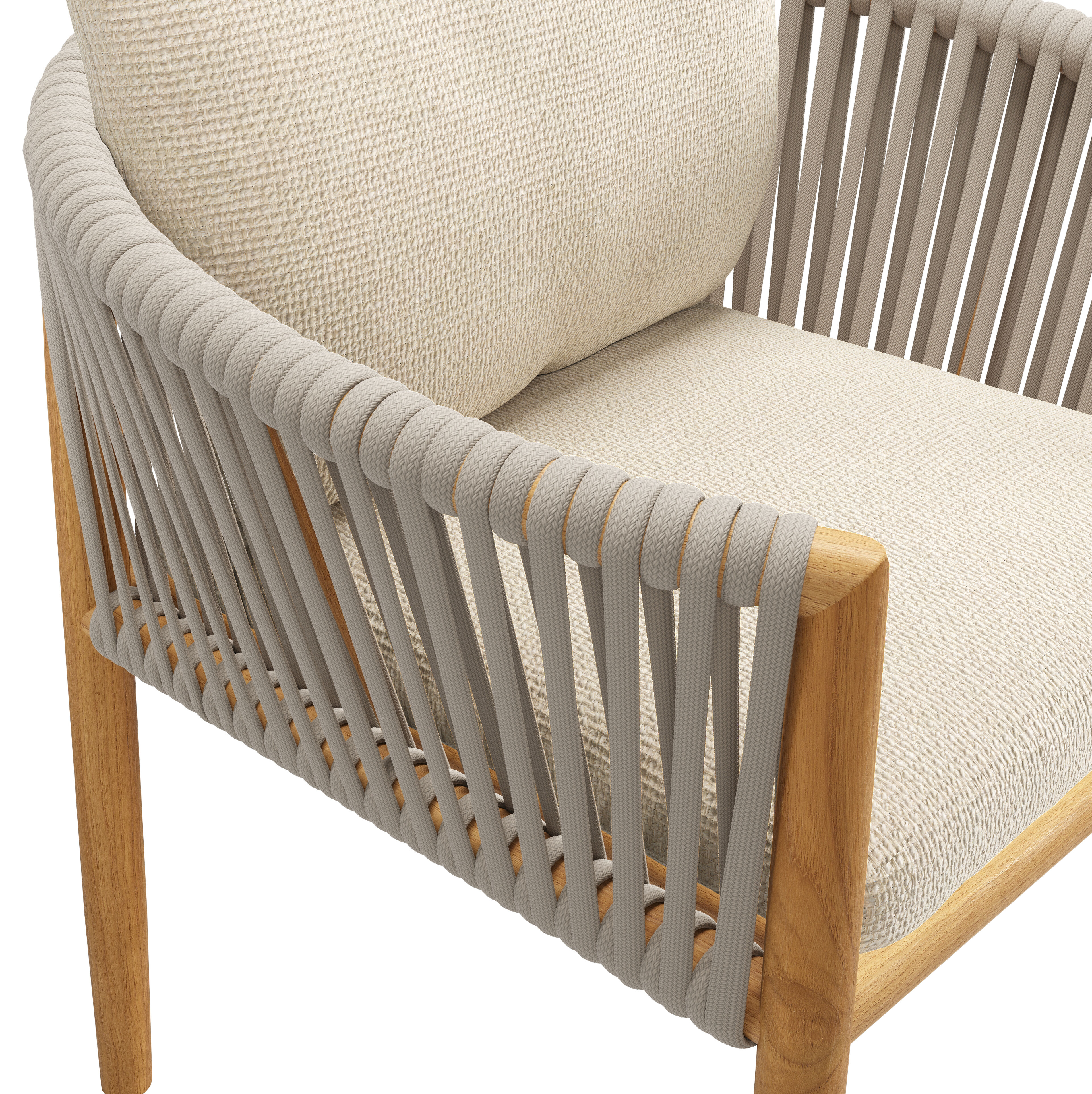Chaise de jardin Organo en teck beige et corde luxe plate beige tissée verticalement avec coussin en All Weather Cosytica Althea Chalk