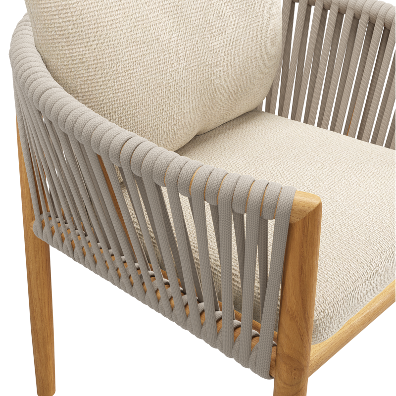 Chaise de jardin Organo en teck beige et corde luxe plate beige tissée verticalement avec coussin en All Weather Cosytica Althea Chalk