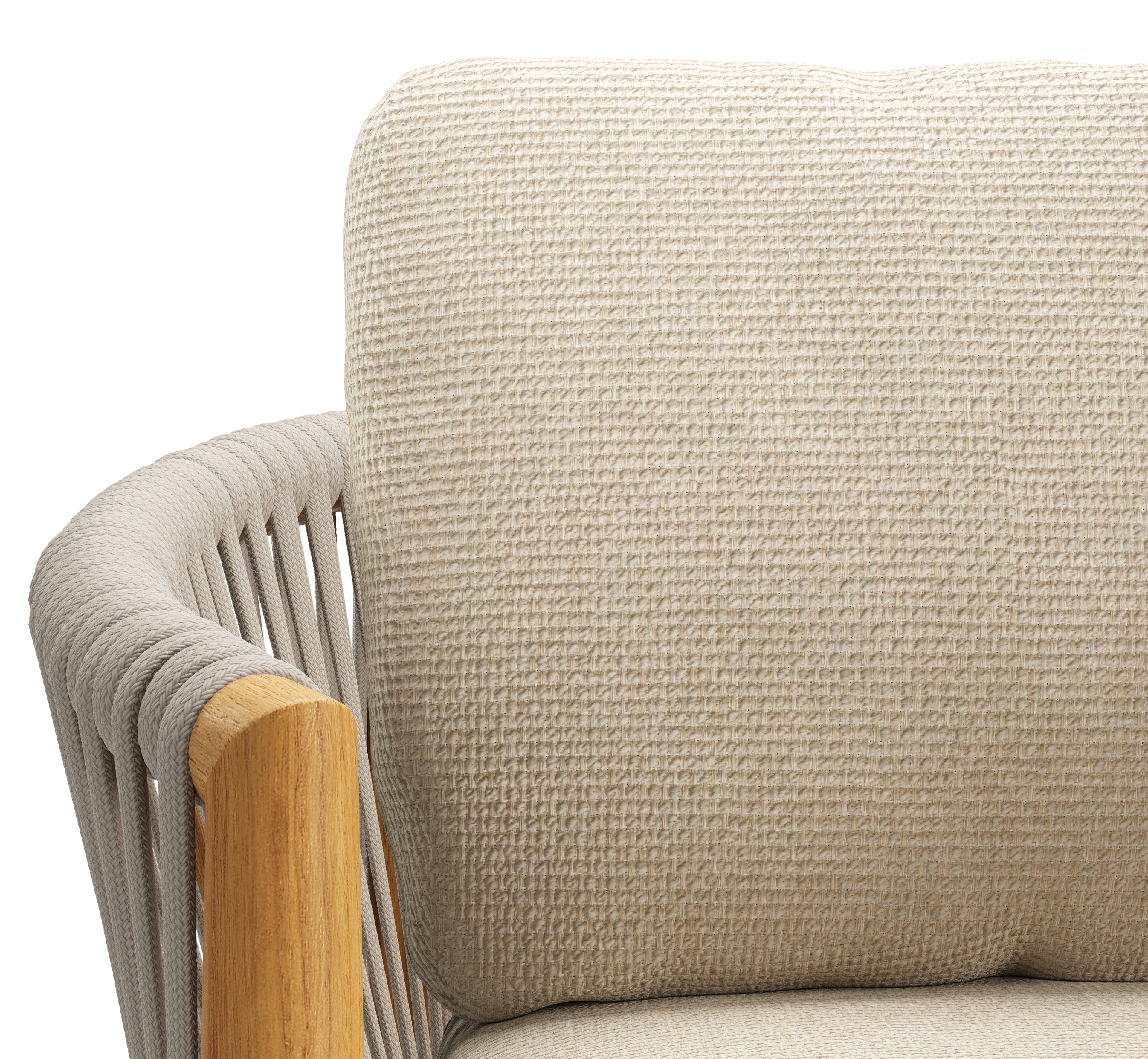 Chaise de jardin Organo en teck beige et corde luxe plate beige tissée verticalement avec coussin en All Weather Cosytica Althea Chalk