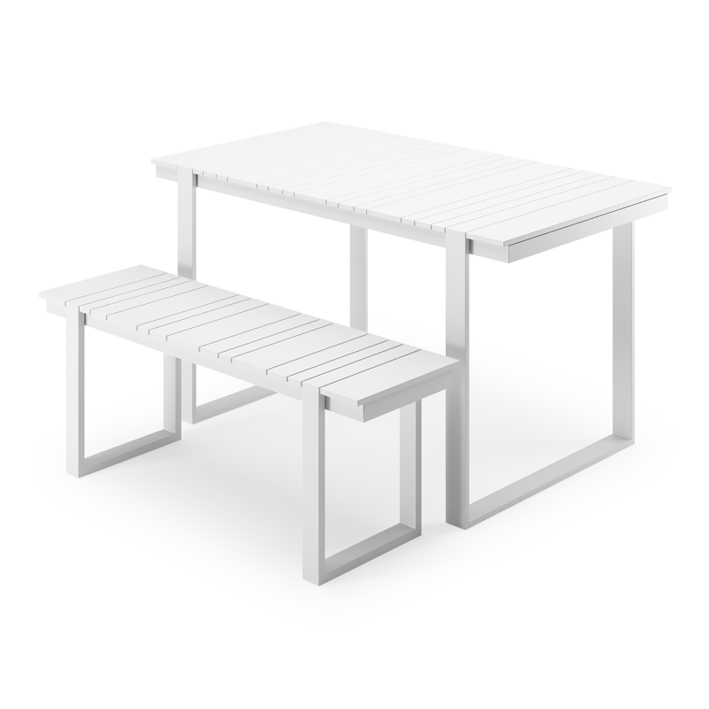 Table basse et banc Merida en blanc aluminium et blanc - Lg. 123 x Lrg. 70 x Haut. 70 cm