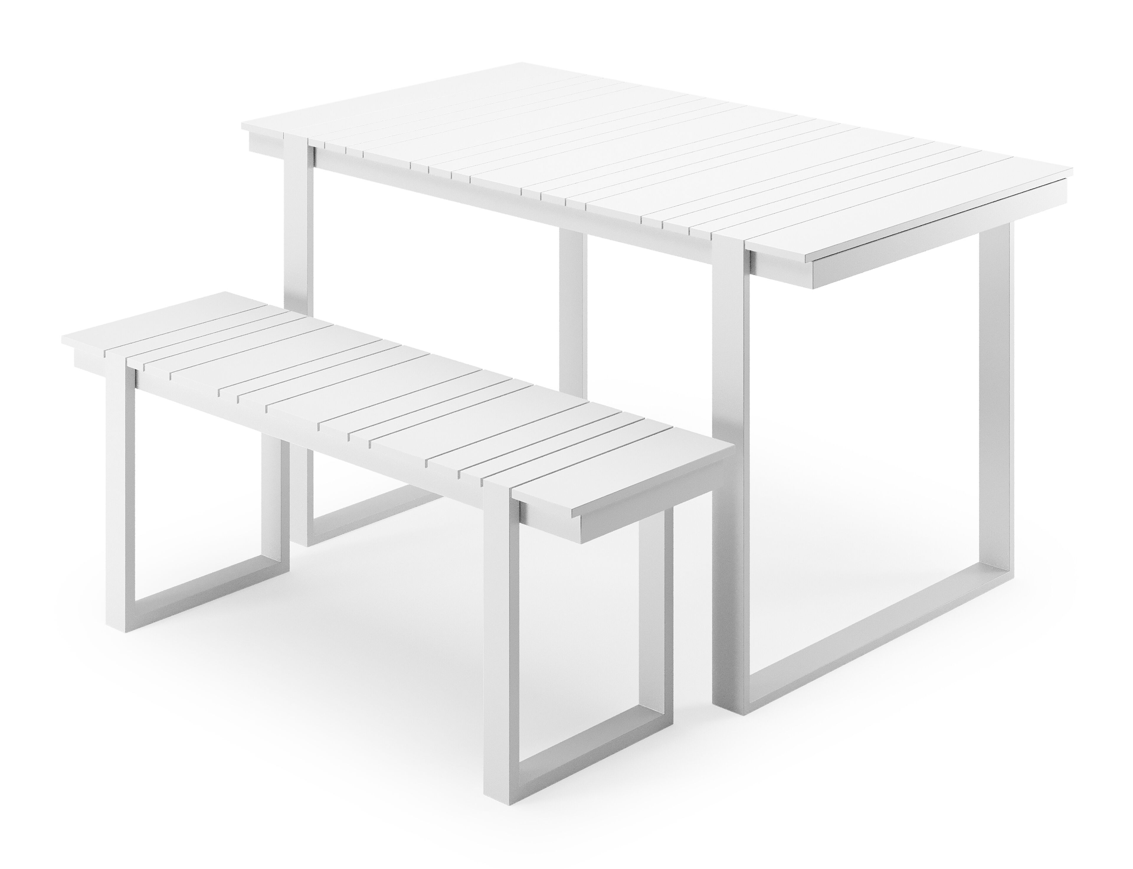 Table basse et banc Merida en blanc aluminium et blanc - Lg. 123 x Lrg. 70 x Haut. 70 cm