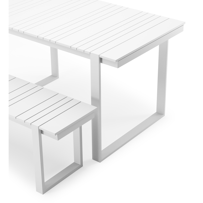 Table basse et banc Merida en blanc aluminium et blanc - Lg. 123 x Lrg. 70 x Haut. 70 cm
