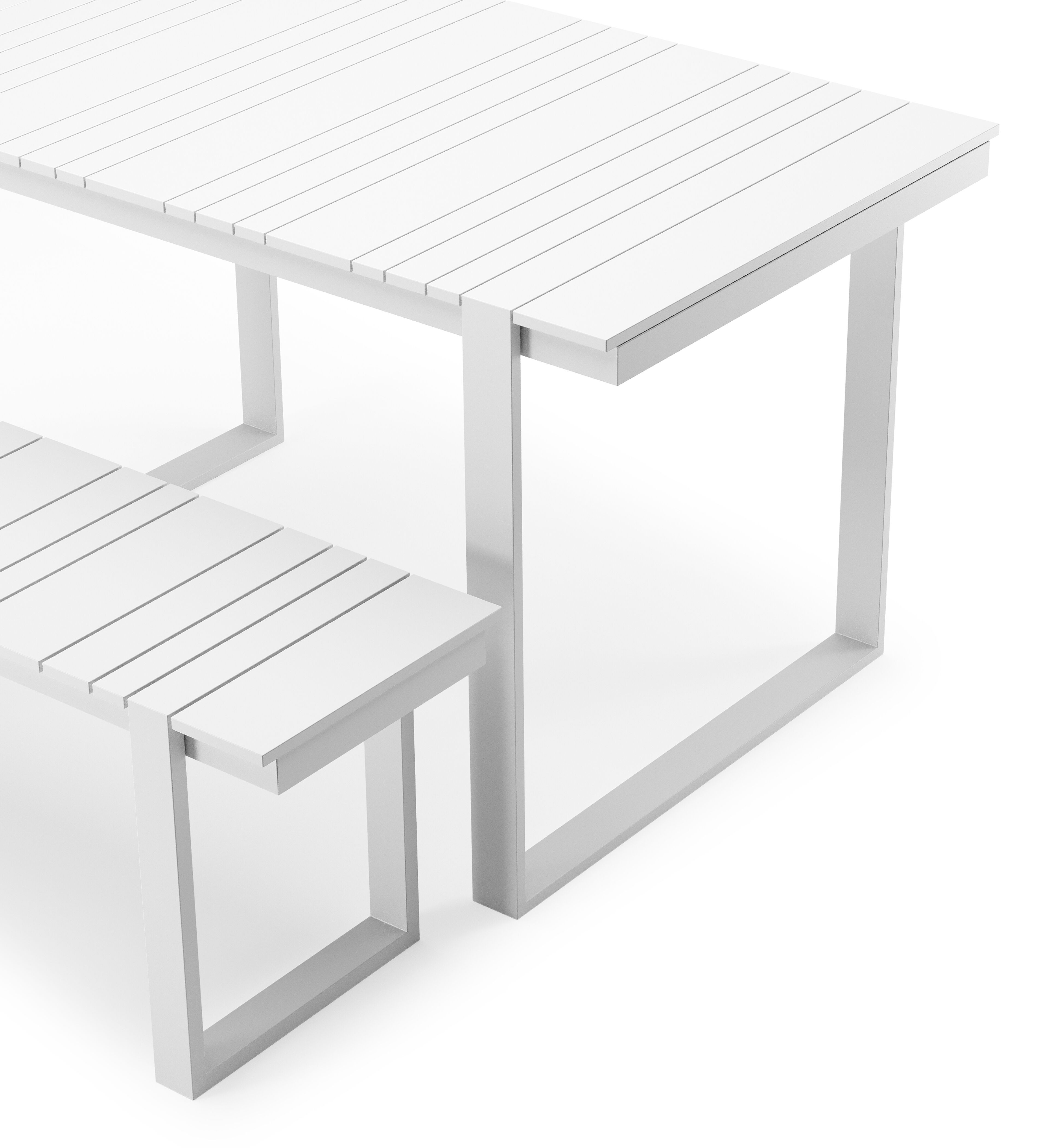 Table basse et banc Merida en blanc aluminium et blanc - Lg. 123 x Lrg. 70 x Haut. 70 cm