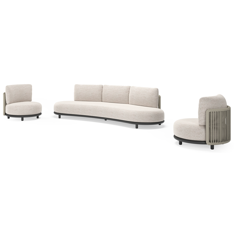 Lomano loungeset in zwart aluminium en beige verticaal geweven luxe vlakke rope met Tundra Sand all weather sunbrella® luxe