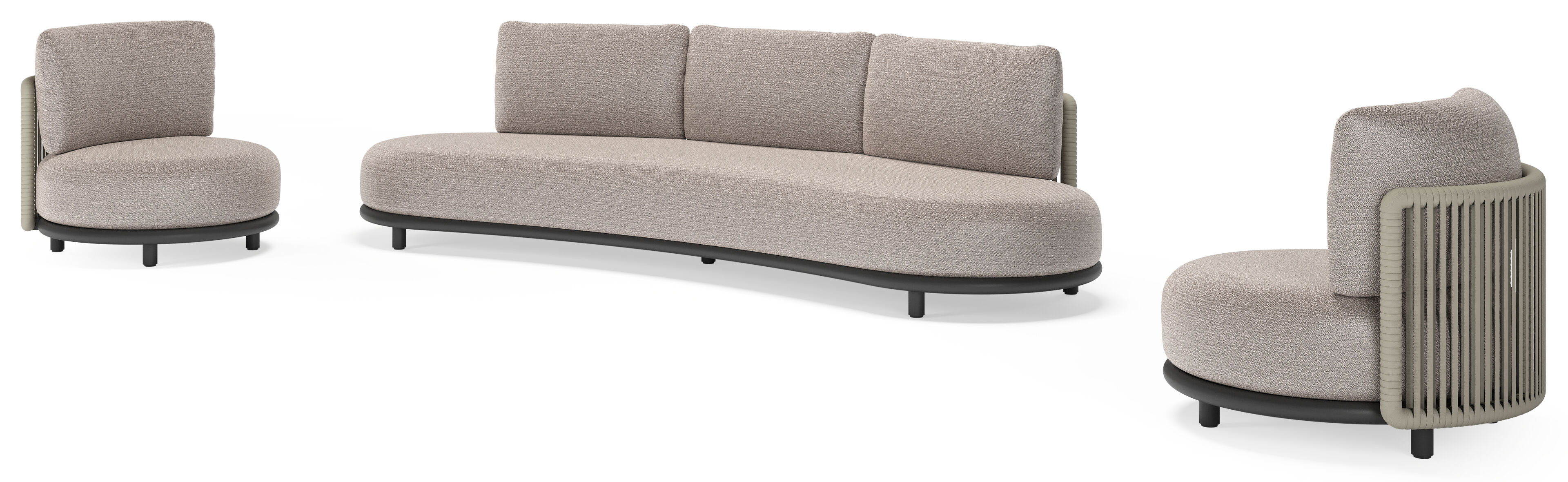 Lomano loungeset in zwart aluminium en beige verticaal geweven luxe vlakke rope met Wander Granite all weather sunbrella® luxe