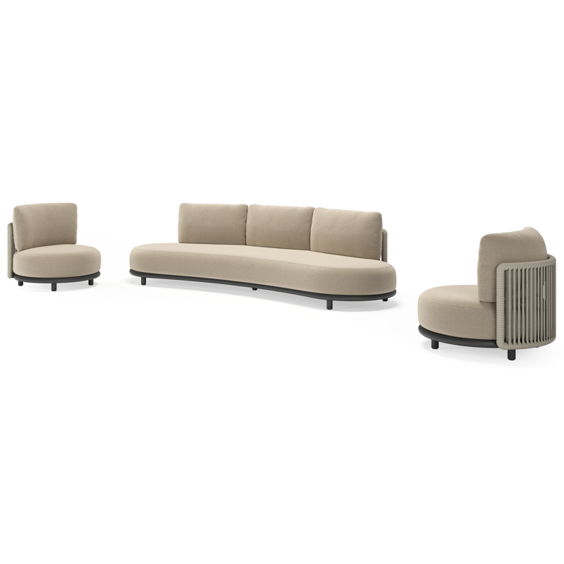 Lomano loungeset in zwart aluminium en beige verticaal geweven luxe vlakke rope met Marbella Sand all weather cosytica