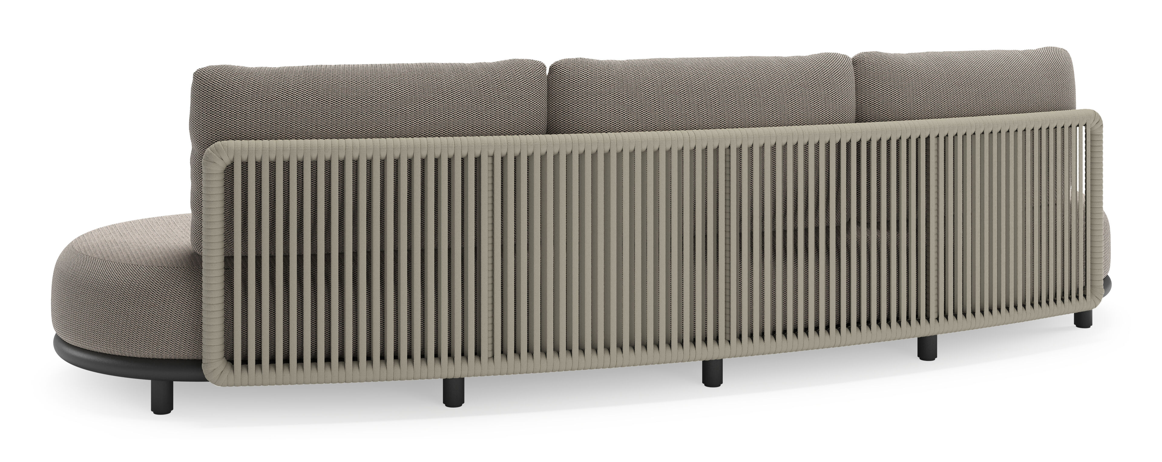 Lomano loungebank in zwart aluminium en beige verticaal geweven luxe vlakke rope met Lopi Pepper all weather sunbrella® luxe