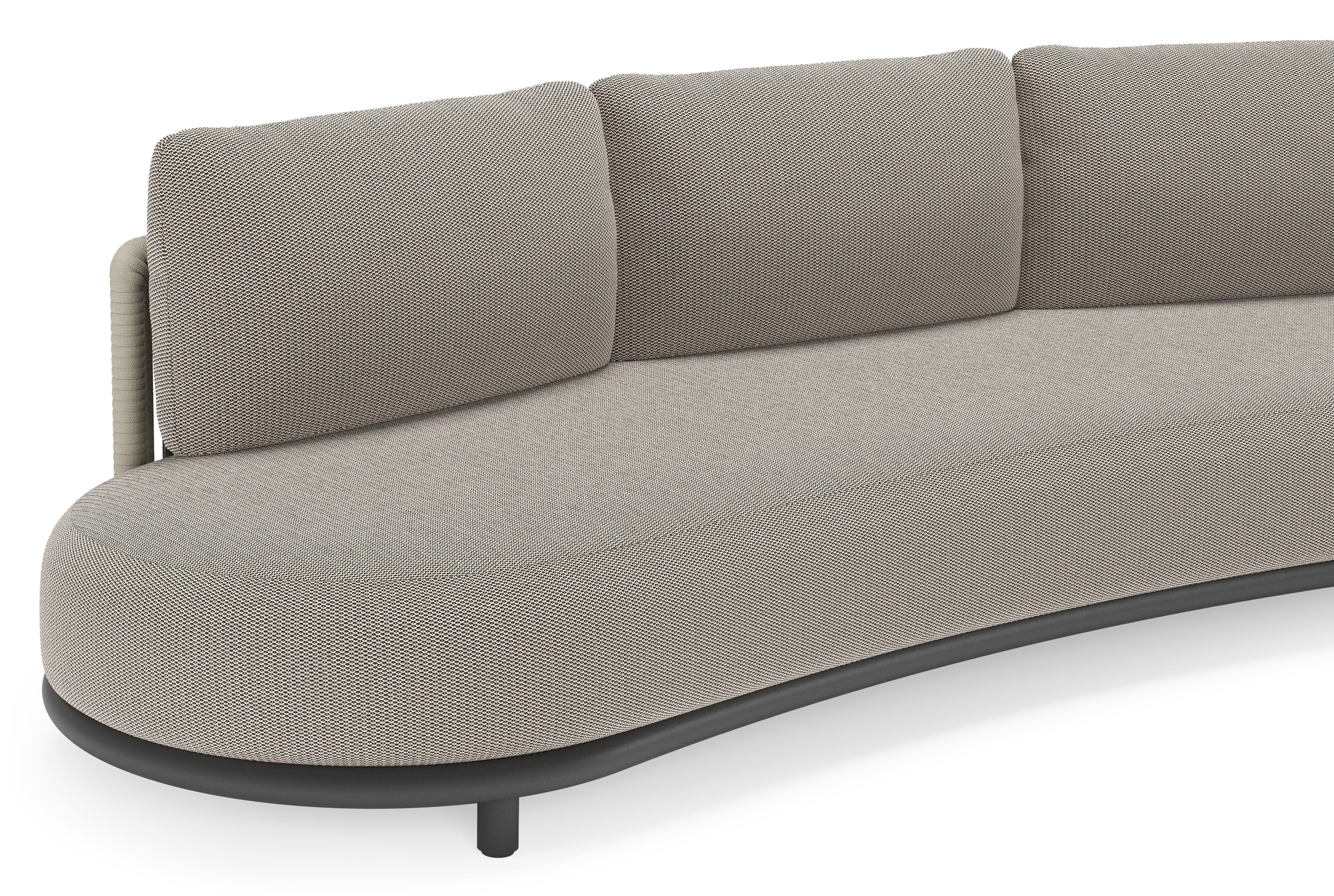 Lomano loungebank in zwart aluminium en beige verticaal geweven luxe vlakke rope met Lopi Pepper all weather sunbrella® luxe