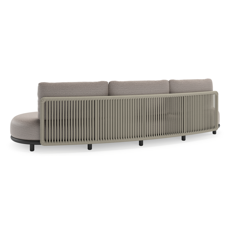 Canapé de jardin Lomano en aluminium noir et corde luxe plate tissée verticalement beige et coussins en all weather sunbrella® luxe Wander Granite