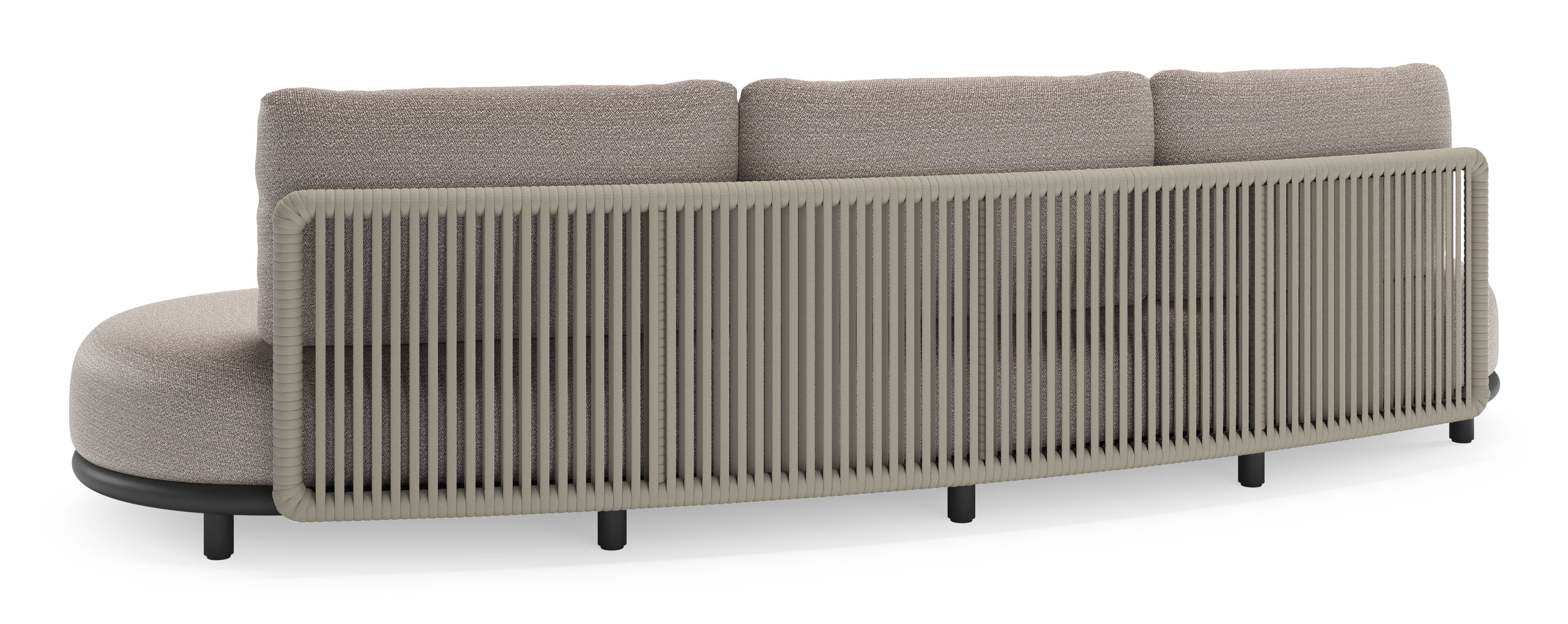 Lomano loungebank in zwart aluminium en beige verticaal geweven luxe vlakke rope met Wander Granite all weather sunbrella® luxe