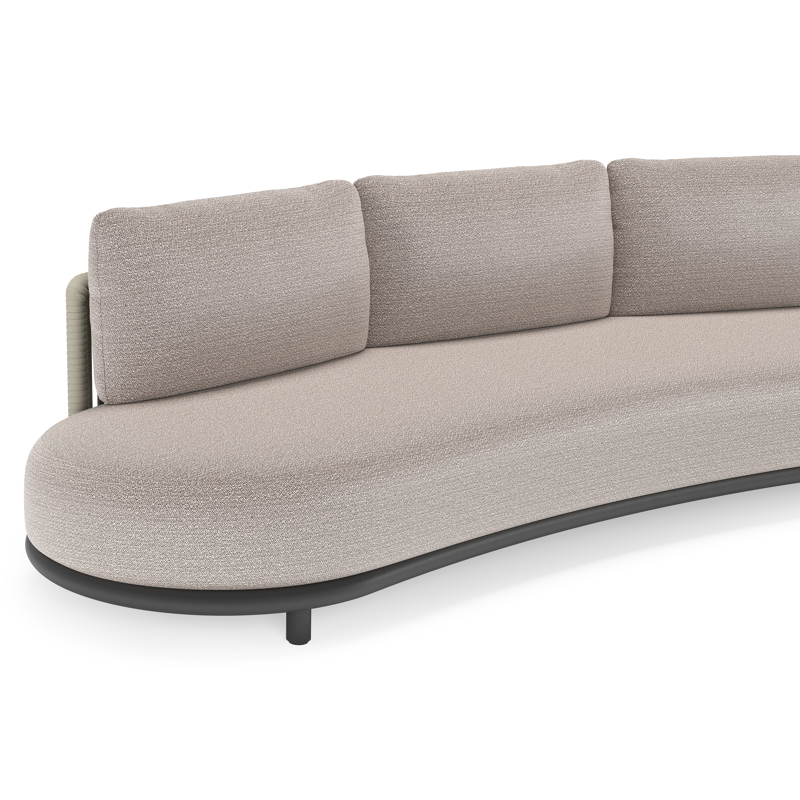 Canapé de jardin Lomano en aluminium noir et corde luxe plate tissée verticalement beige et coussins en all weather sunbrella® luxe Wander Granite