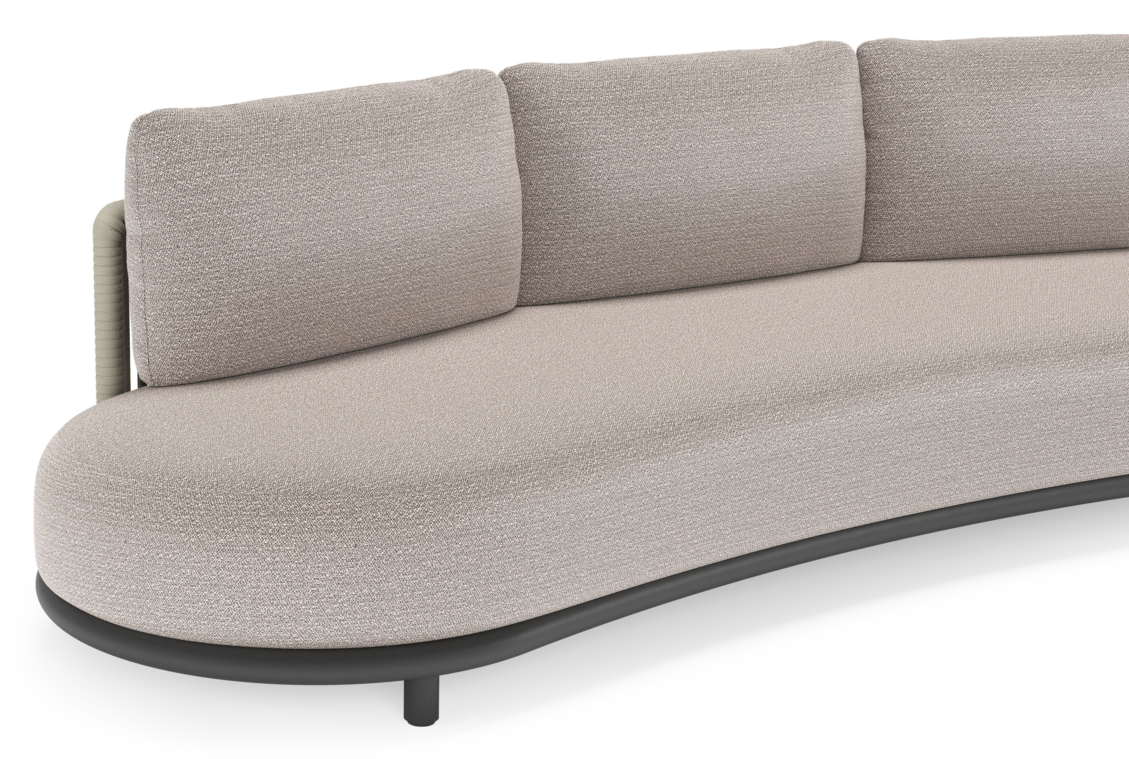 Lomano loungebank in zwart aluminium en beige verticaal geweven luxe vlakke rope met Wander Granite all weather sunbrella® luxe