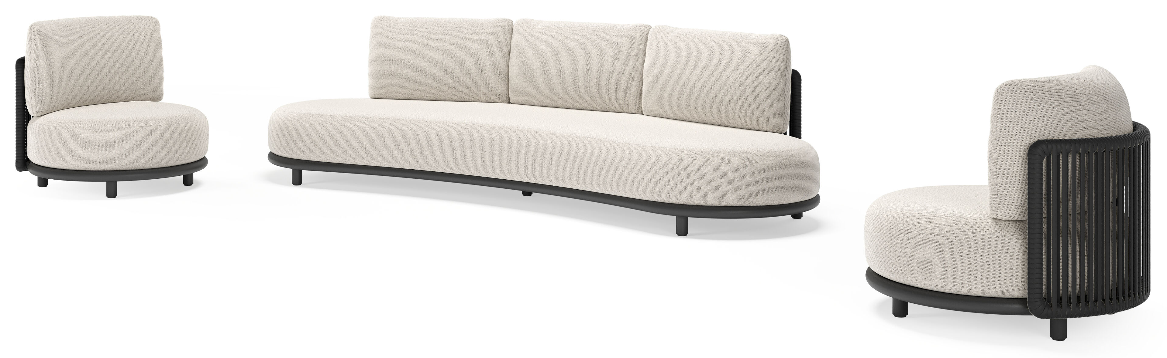 Lomano loungeset in zwart aluminium en zwart verticaal geweven luxe vlakke rope met firenze natural all weather solica kussen